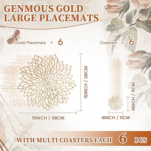 Miniatura 2 de Juego de 6 manteles individuales y posavasos redondos dorados, 12 piezas a granel, manteles individuales de vinilo dorado con hojas, cargadores de