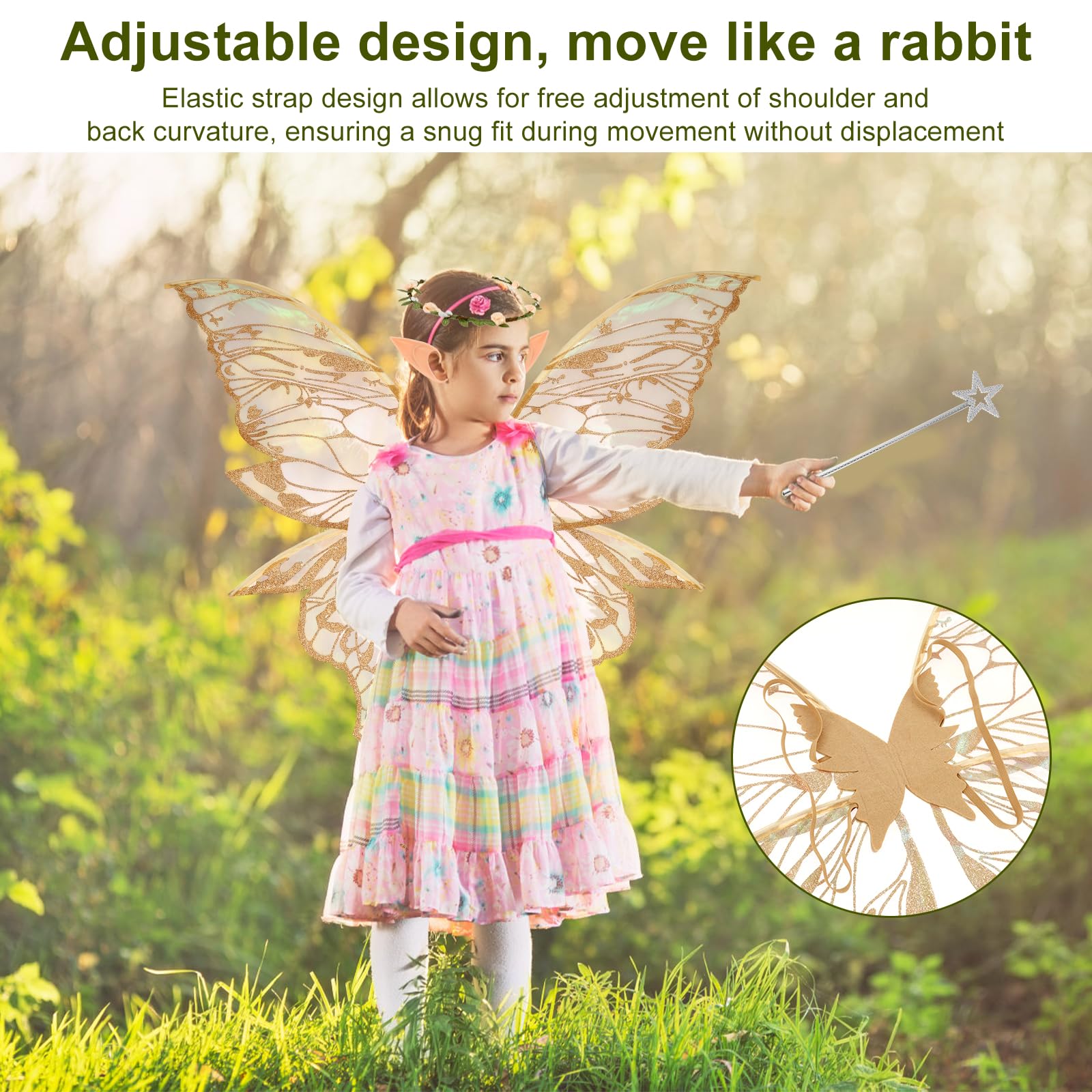 Fairy Wings for Adults Women Children Girls, 4Pcs Wings Fairy Costume Set with Wands, Headband & Elf Ears Adjustable Strap Halloween Costume Sparkle Angel Wing Dress Up Party Favor(Gold) - Image 4