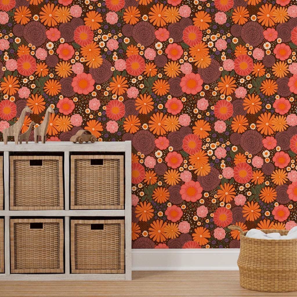 Spoonflower Peel & Stick Wallpaper 3ft x 2ft - 1970S Groovy Florals Brown Floral Retro Orange Daisy Custom Removable Wallpaper
