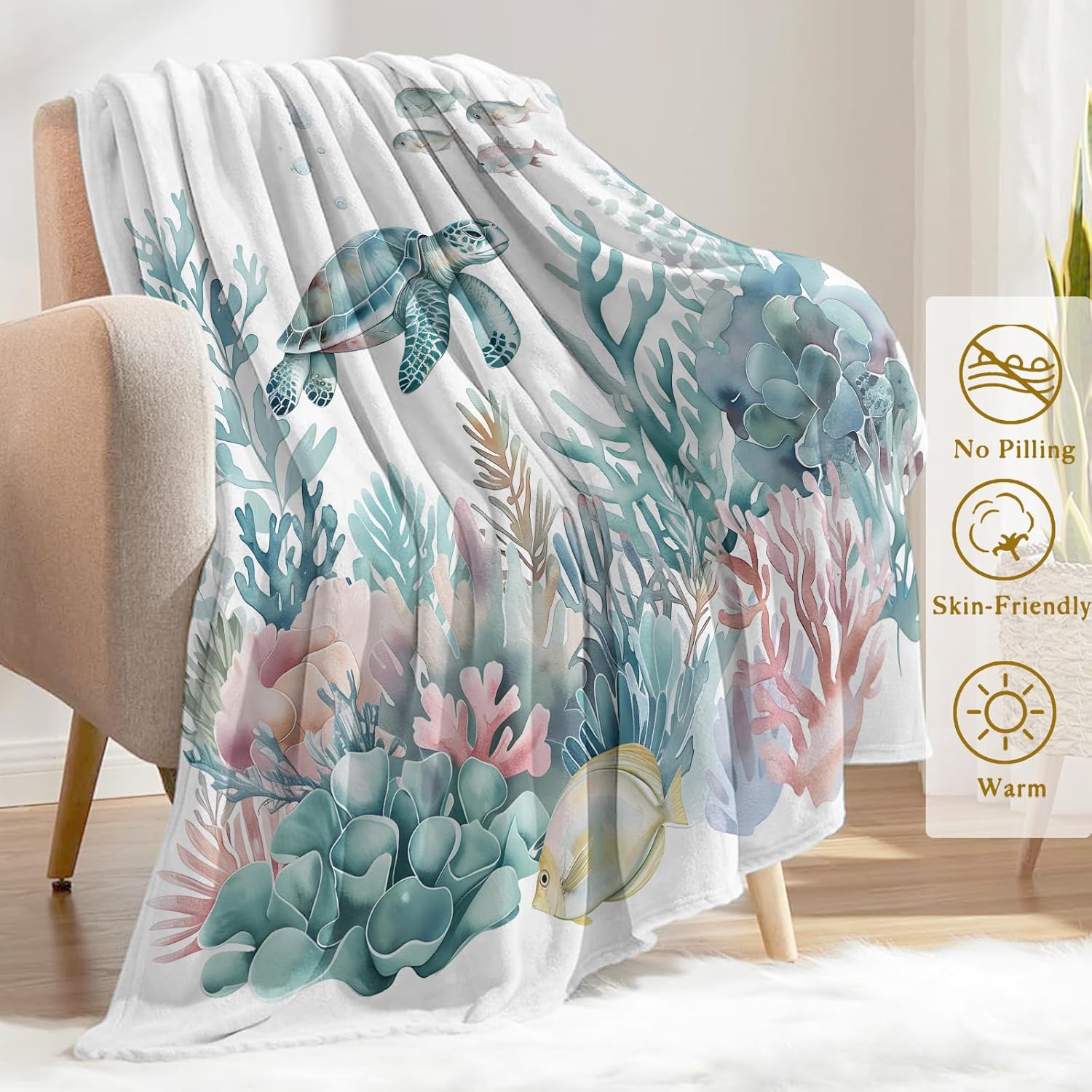 Sea Turtle and Coral Flannel Blanket - Tranquil Ocean with Pastel Color Throw - Lightweight Soft Cozy Gifts Blankets for Kids Adult,Modern Artistic Coastal Decor,Home Room Accent 50x60in - Image 3