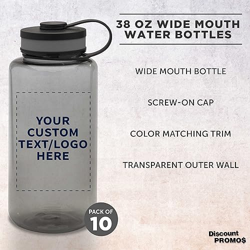 Miniatura 10 de DISCOUNT PROMOS Botellas de agua deportivas de plástico personalizadas con tapa abatible de 38 onzas, juego de 50, paquete personalizado a granel,