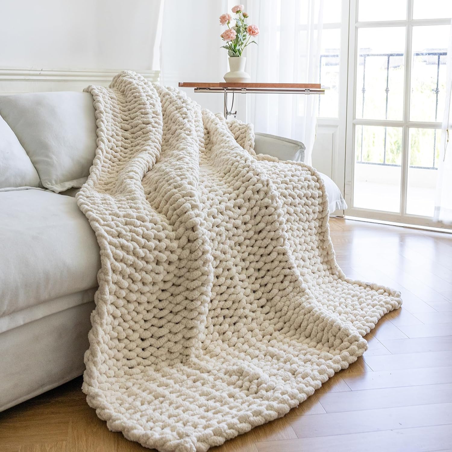Chunky Knit Blanket - Luxury Soft Cozy King Size(60 * 80) Throw Blanket,100% Woven Blanket Rope Knot Throw Blanket for Couch, Sofa, Home Decor, Gift - Machine Washable?Cream?