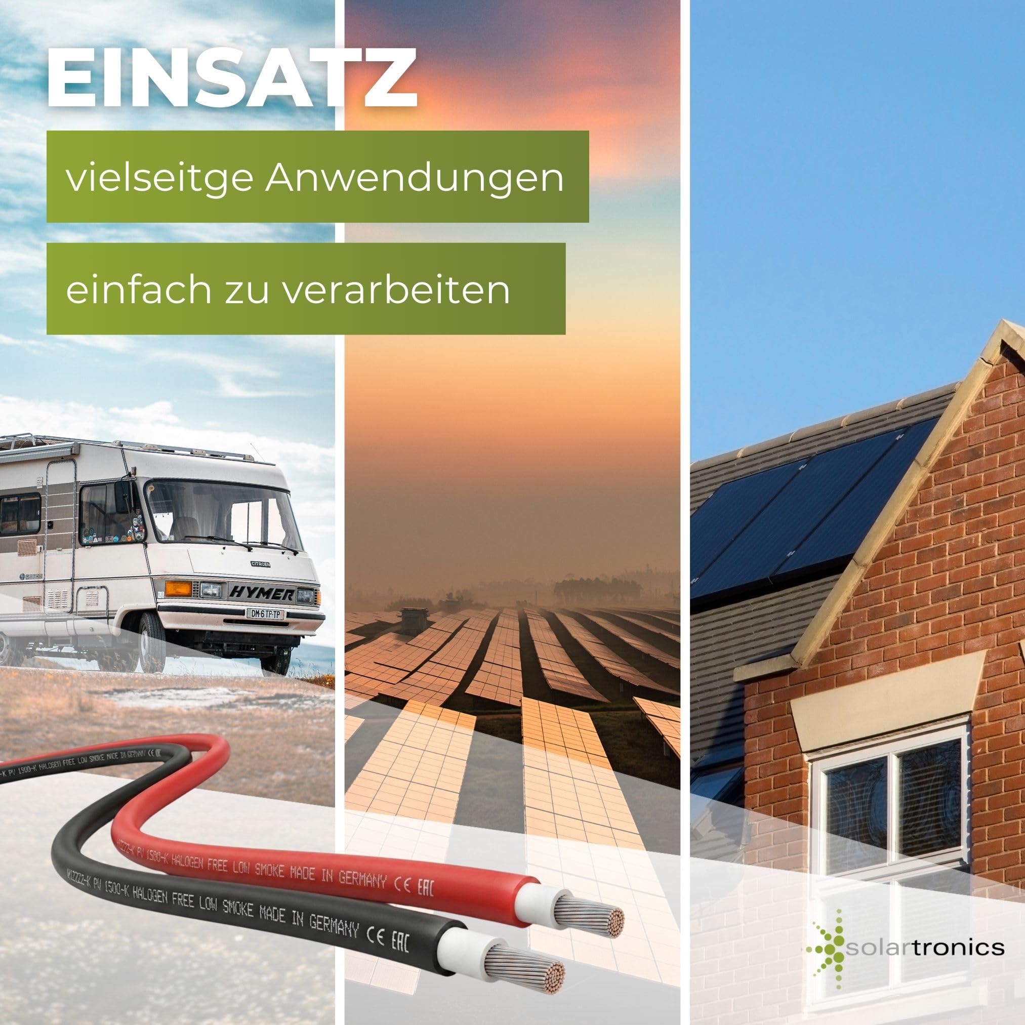 SOLARTRONICS Solarkabel 10mm² 10m Schwarz, H1Z2Z2-K, flexibel, erdverlegbar, PV-Kabel für Photovoltaikanlage, TÜV Reinland, Made in Germany