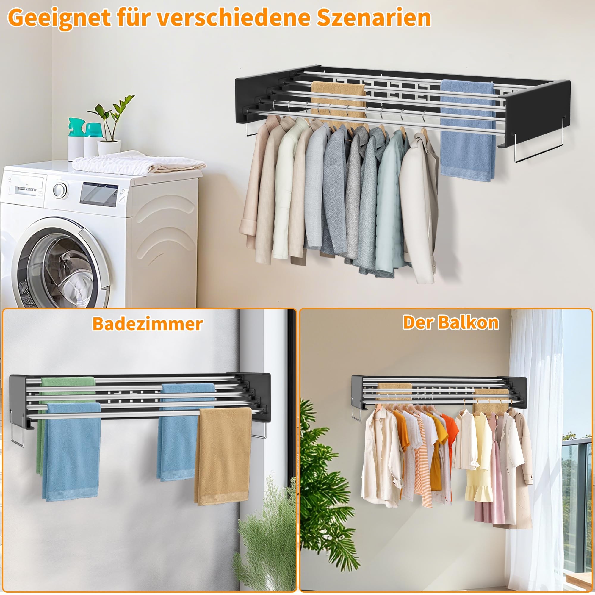 Wäscheständer Wandmontage, 80CM Klappbarer Wandtrockner mit Fünf Edelstahl-Kleiderstangen, Wäscheständer Wand mit 4M Trockenlänge, 25 KG Tragkraft,für Drinnen oder Draußen (Schwarz)