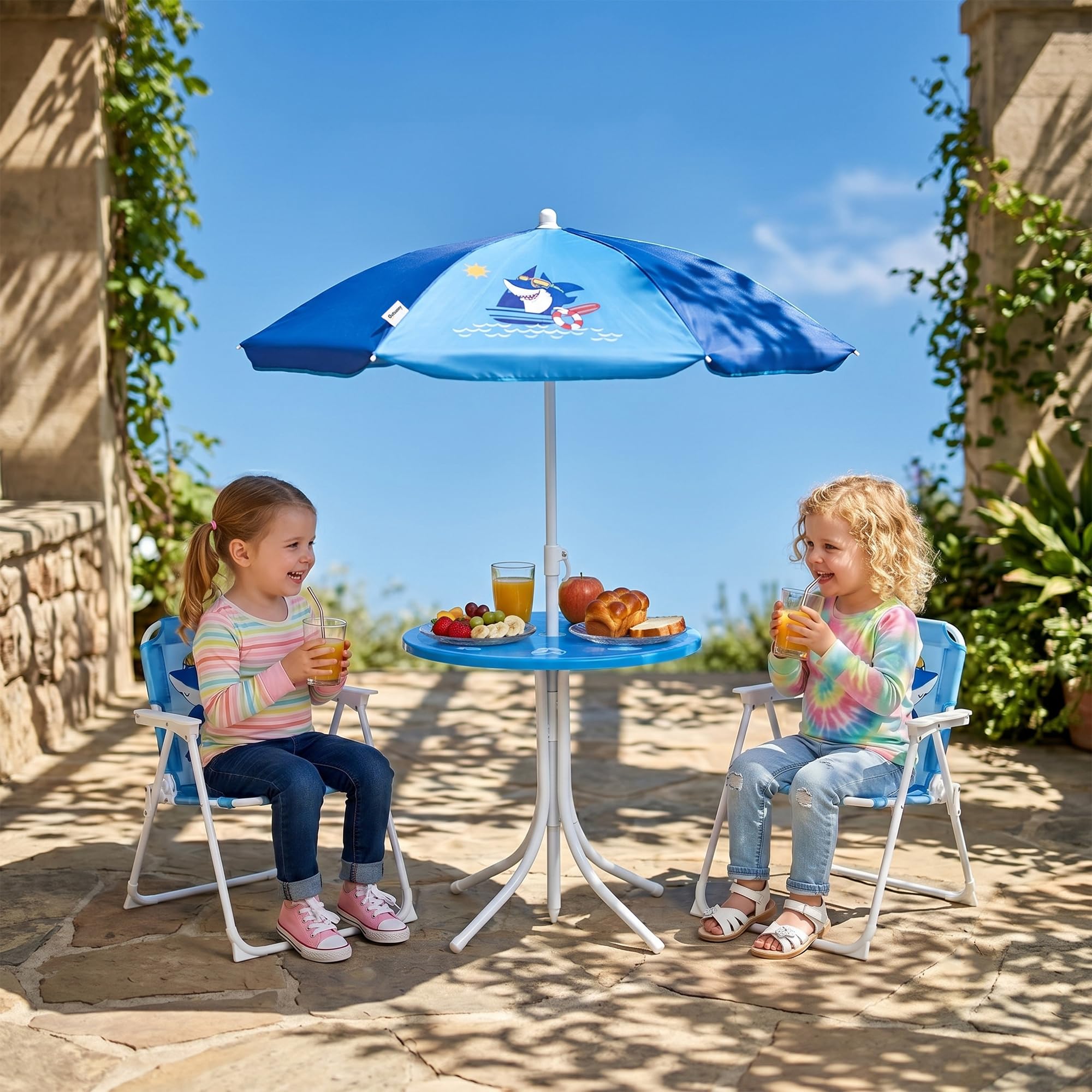 Outsunny Kindersitzgruppe, 4 teilige Kindersitzgarnitur mit Sonnenschirm, Kindertisch mit 2 Klappstühlen, Outdoor Picknicktisch für Kinder 3-6 Jahre, Gartenmöbel für Garten, Hinterhof, Terrasse, Blau