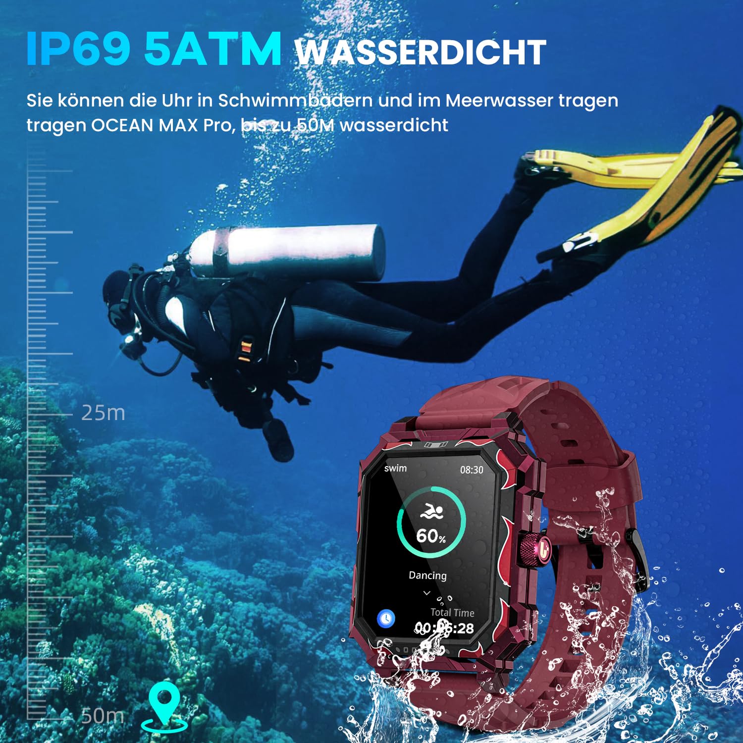 Smartwatch męski z funkcją telefonu 1,96", wojskowy smartwatch 680 mAh, tracker aktywności fizycznej, IP69, wodoszczelny, zegarek sportowy, Smart Watches z monitorem tętna, monitorem snu, do systemu