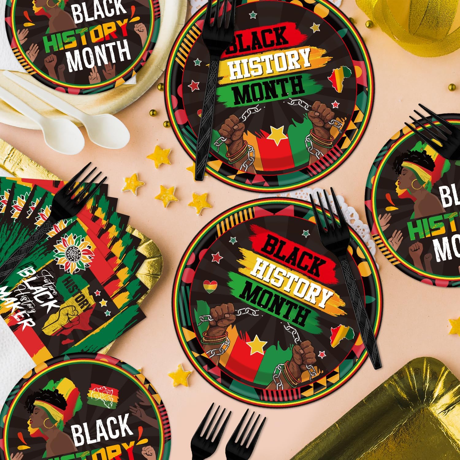 Black History Month Decorations - 96PCS Black History Plates and Napkins Party Supplies African American Black History Decor Freedom Day BHM Disposable Tableware Set Serve 24 Guests