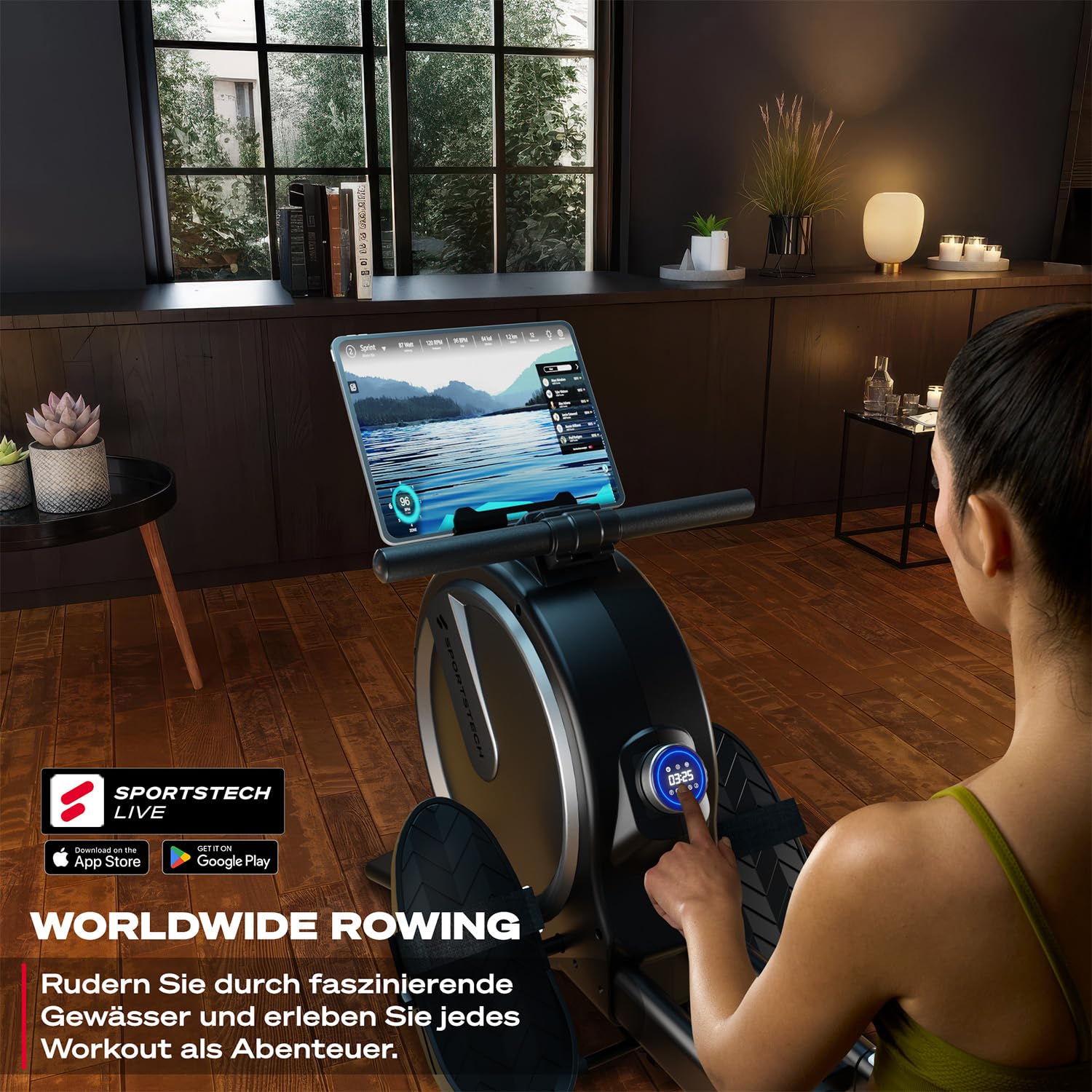 Sportstech Rudergerät für Zuhause + 32 Stufen Magnetwiderstand PROwer | Dual Slide Rail, LED Knob Display, bis 150 kg, Bluetooth App, leise, vertikal verstaubar