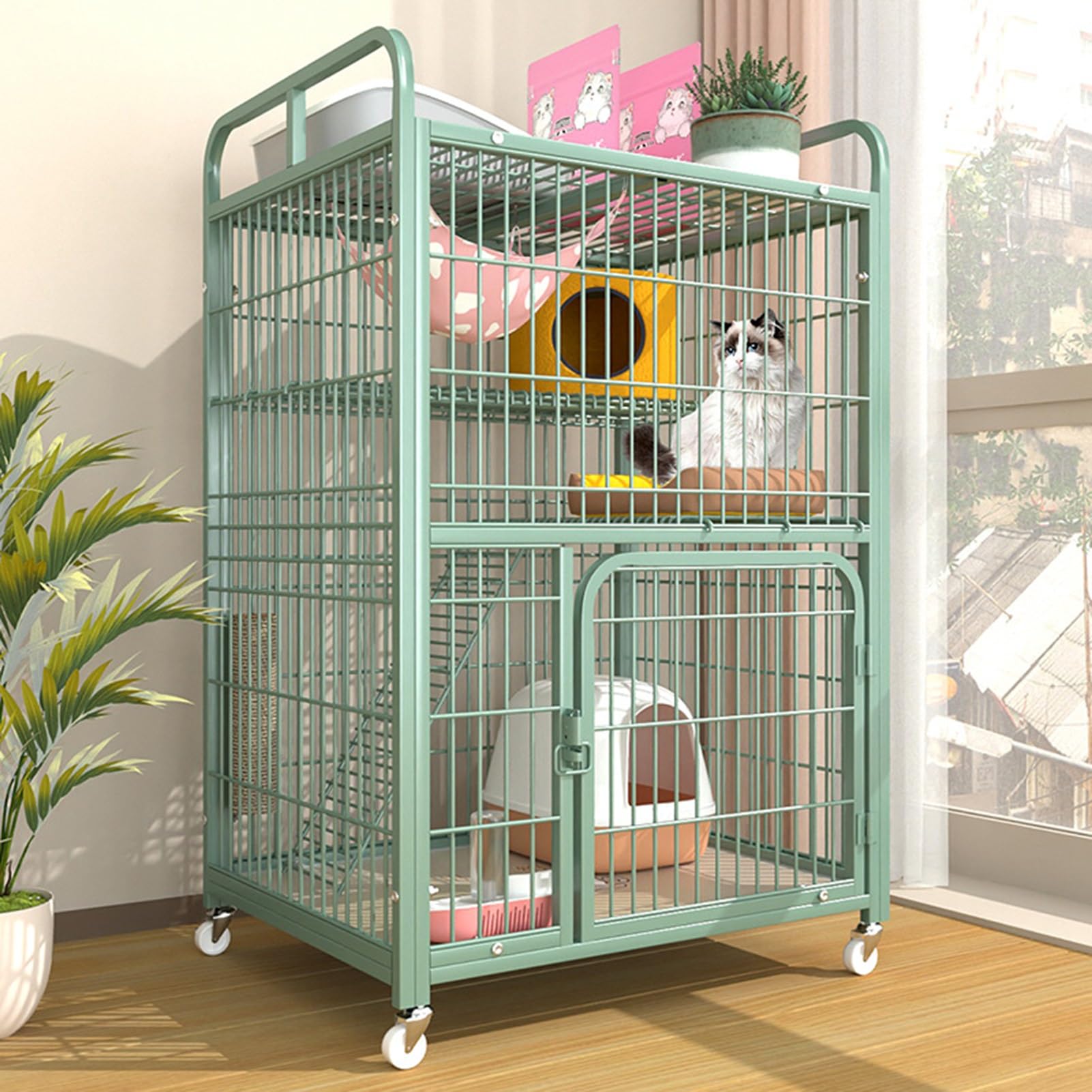 Harela One Color 3/4-Tier Cat Cage Indoor Enclosure, Large Catio For Cats Indoor Outdoor Enclosure On Wheels, Balcony Cat Playpen With Platforms, Ideal For Safe Play And Relaxation, Green(80 * 55 * 136Cm)