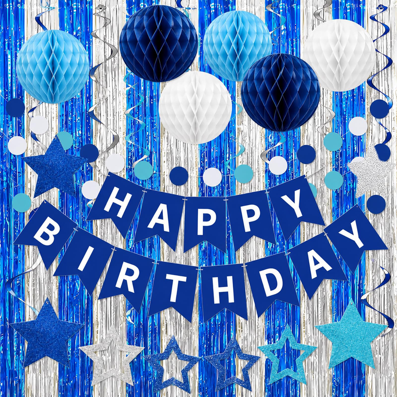 Happy Birthday Banner With Colorful Paper Flag Bunting Paper Circle Confetti Garland Swirl Streamers Honeycomb ball Tinsel Curtain for Birthday Party Decorations,bue and sliver