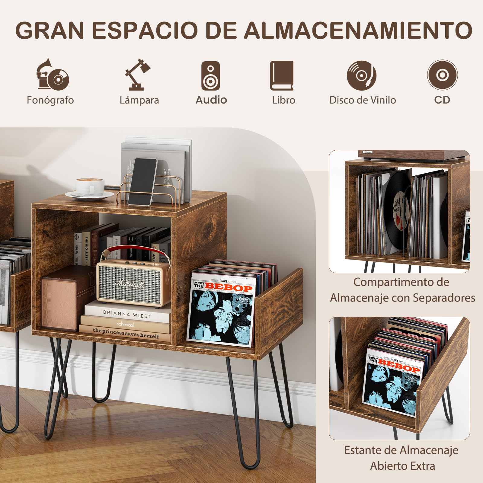 GIANTEX Soporte para Tocadiscos, 66 x 45 x 67 cm, Mesa Auxiliar con Estación de Carga Incorporada, Estantería de Almacenamiento para Vinilos con Patas Metálicas, Armario para Dormitorio, Salón (Café)