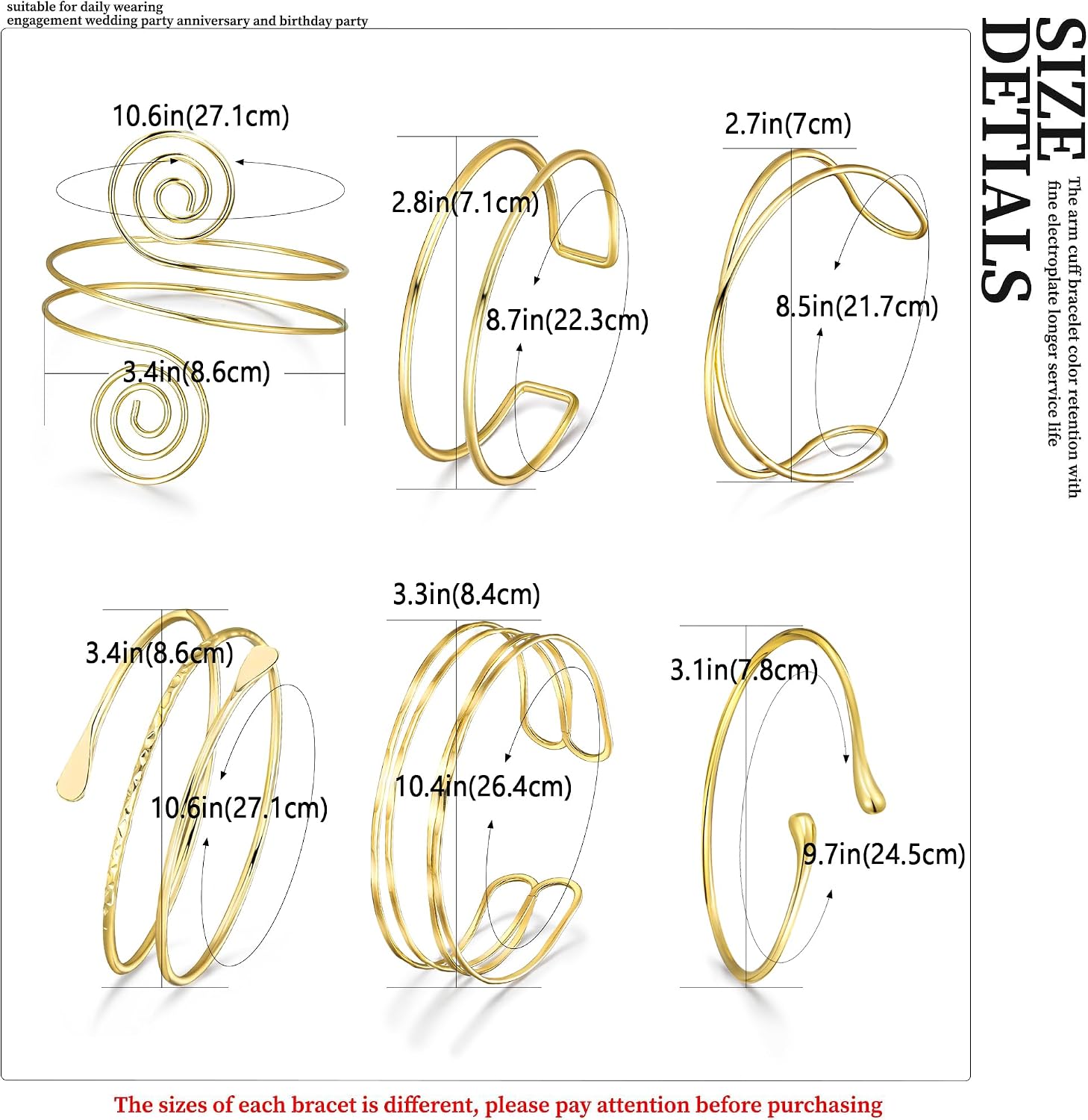 RIOSO 6 Pcs Arm Cuff Elegant Upper Arm Band Cuffs Bracelet Bangle Arm Cuff Jewelry for Women