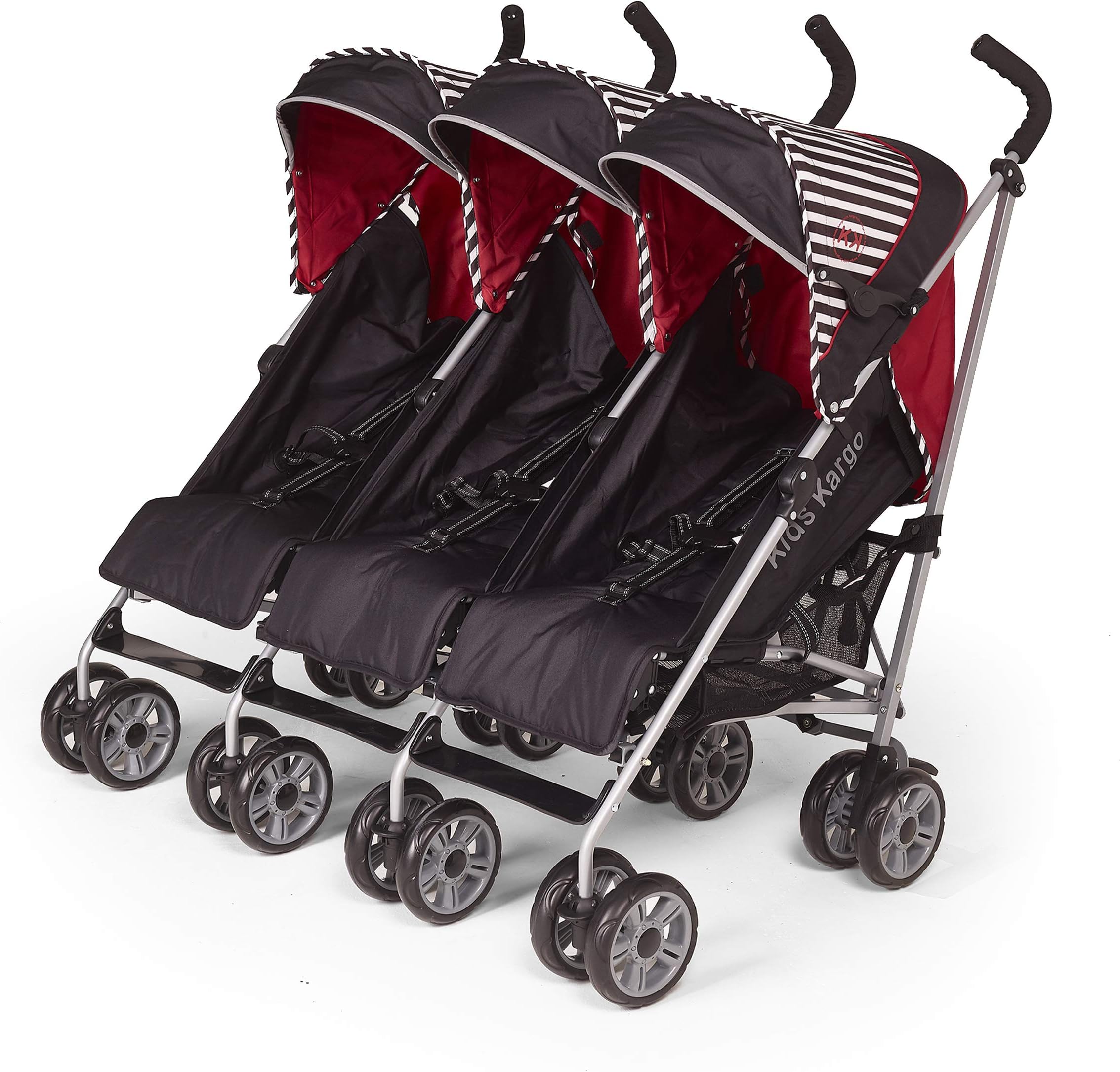 Kids Kargo Triple Pushchair with Raincover & Safety Strap Reflector Strips - Oxford Stripe