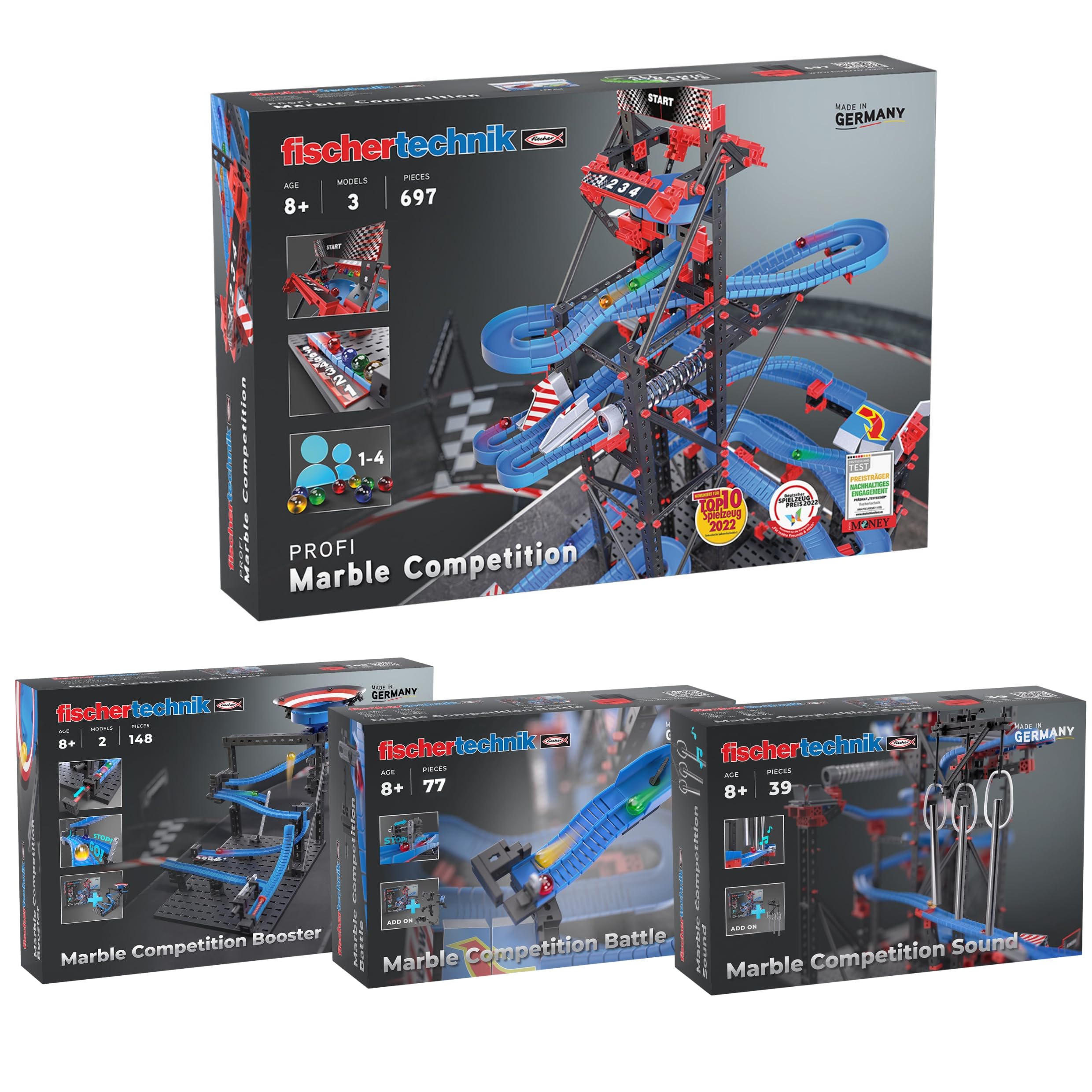 fischertechnik Marble Competition 575218 kompletny zestaw do kulek z 3 stymulującymi rozszerzeniami, od 8 lat, niebieski