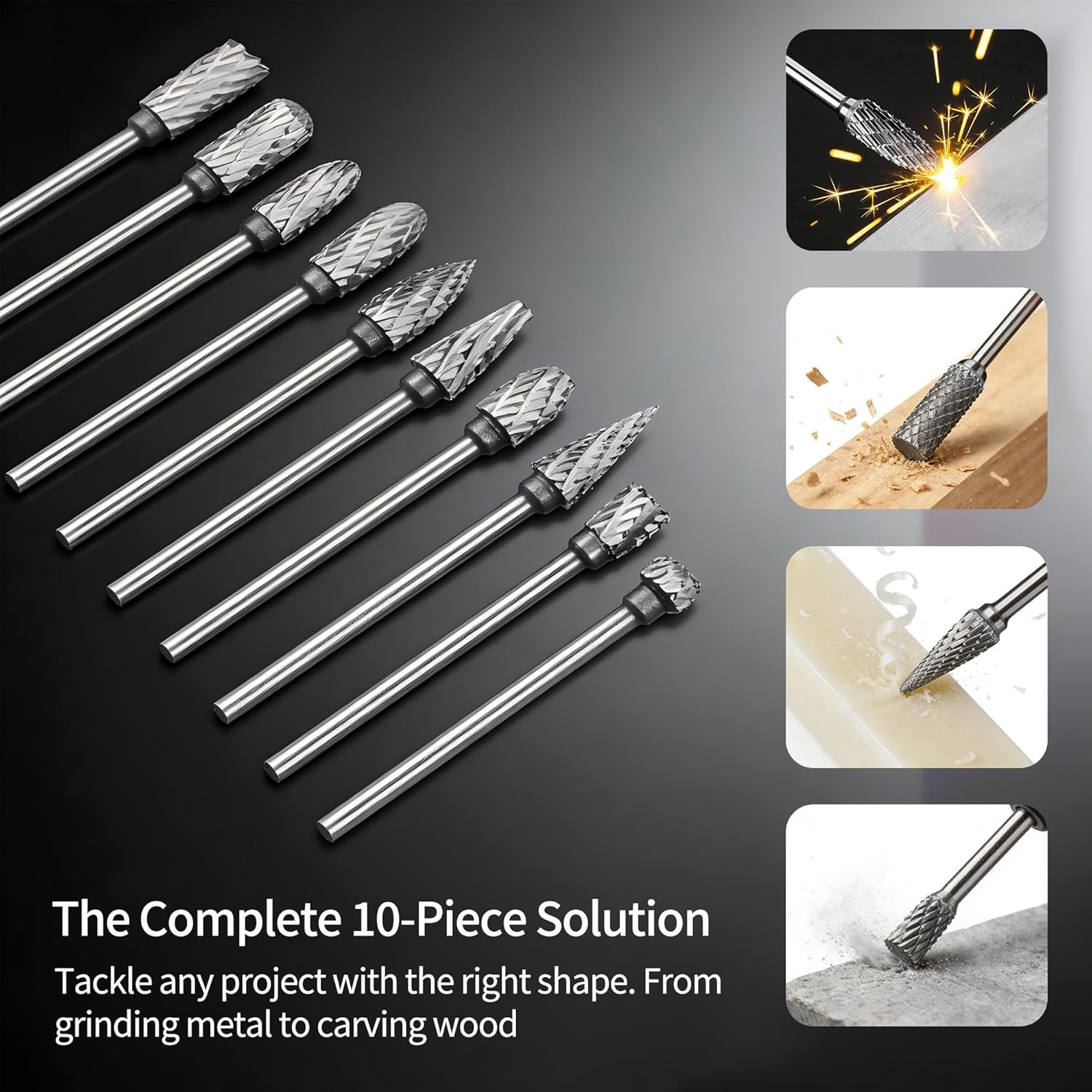 Carbide Burr Set, 10PCS Rotary Burr Bit 1/8" Shank (3mm) & 1/4"(6mm) Head Premium Tungsten Steel High Hardness Double Cut Die Grinding Bits for Metal, Wood, Plastic, Stone, with Storage Case