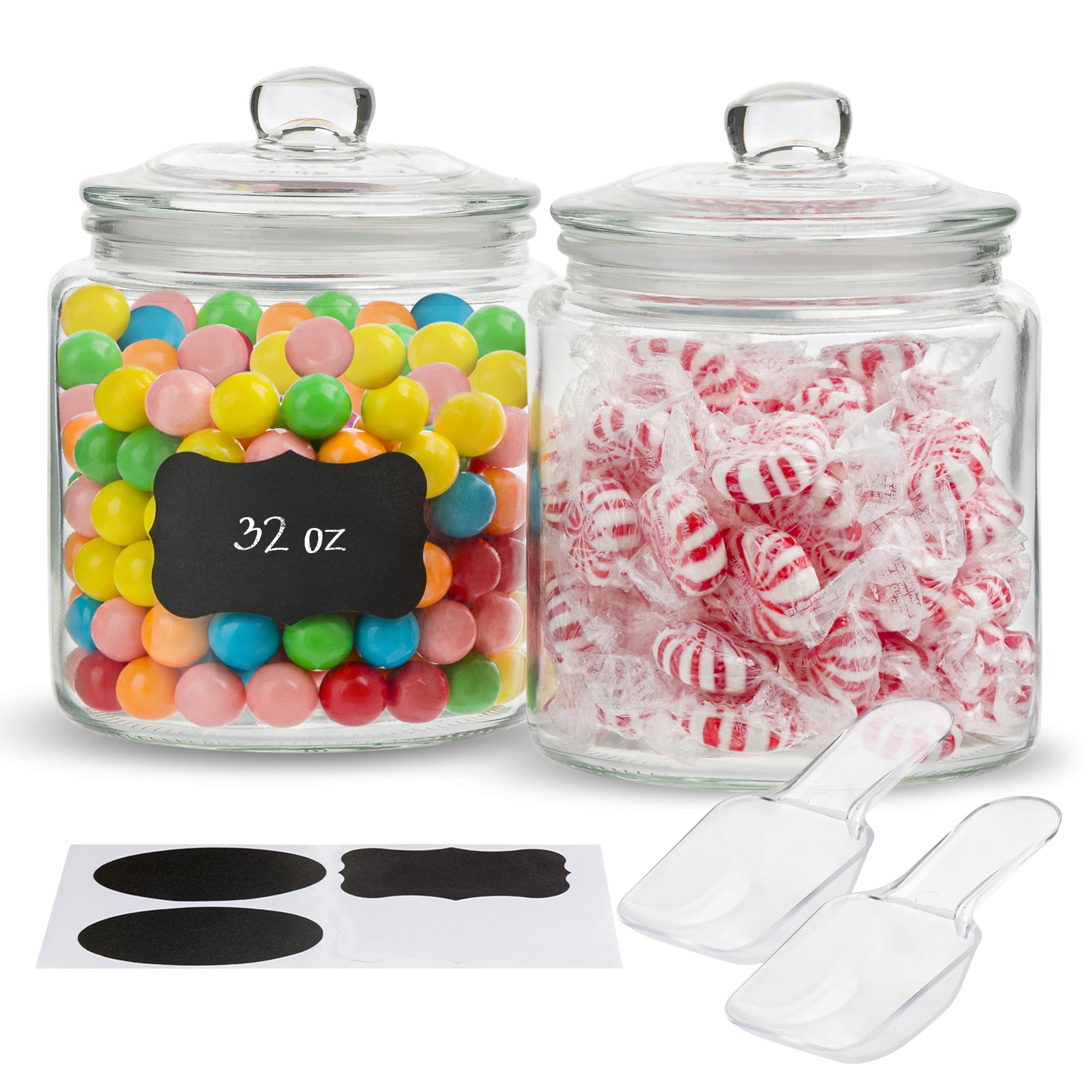 KooKGlass Kitchen Jars, Food & Cookie Storage Containers for Pantry, Bathroom Apothecary Canisters, Dishwasher Safe, with Chalk, Label, Plastic Scoops (32 Oz)
