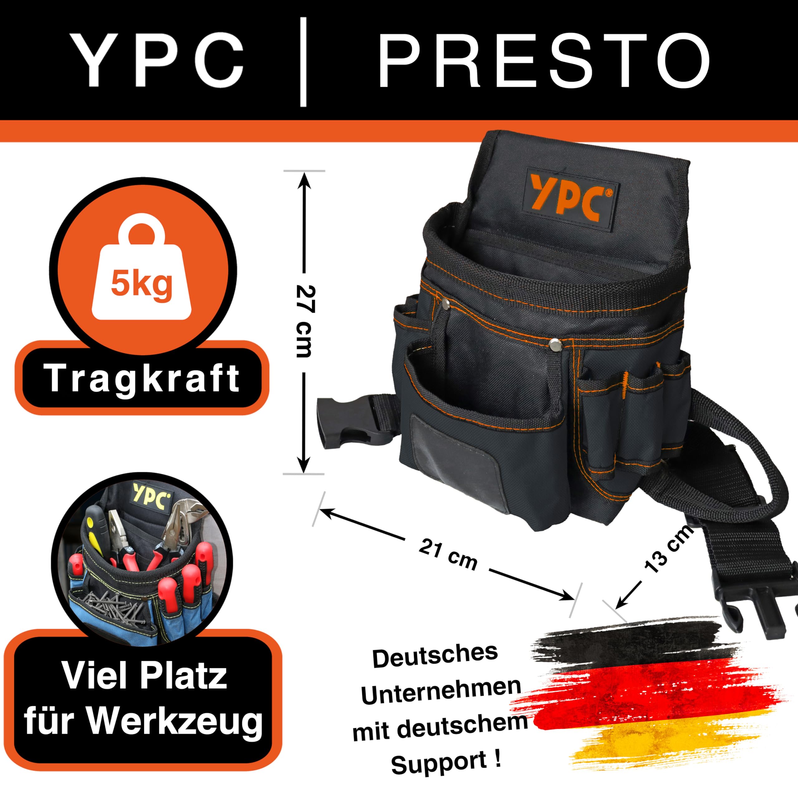 YPC Presto Tool - Marsupio XL per attrezzi, cintura da lavoro, impermeabile, con passante per martello, cintura in nylon antistrappo, 12 tasche, nero, 27 x 21 x 13 cm, portata 5 kg