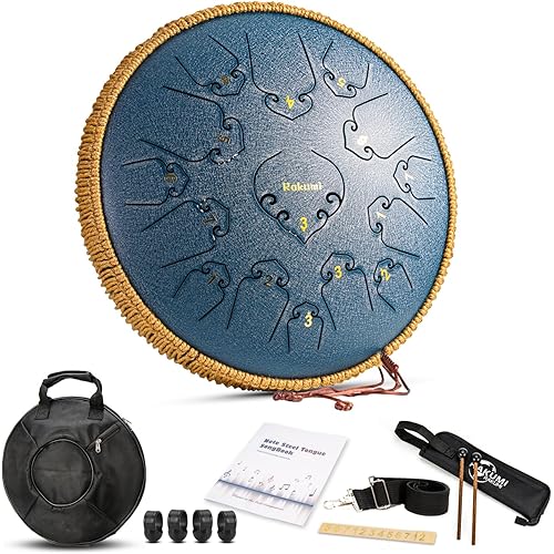 Steel Tongue Drum-15 Note 14 Inch Percussion Instrument Lotus Hand Pan Drum C key with Drum Mallets Carry Bag…