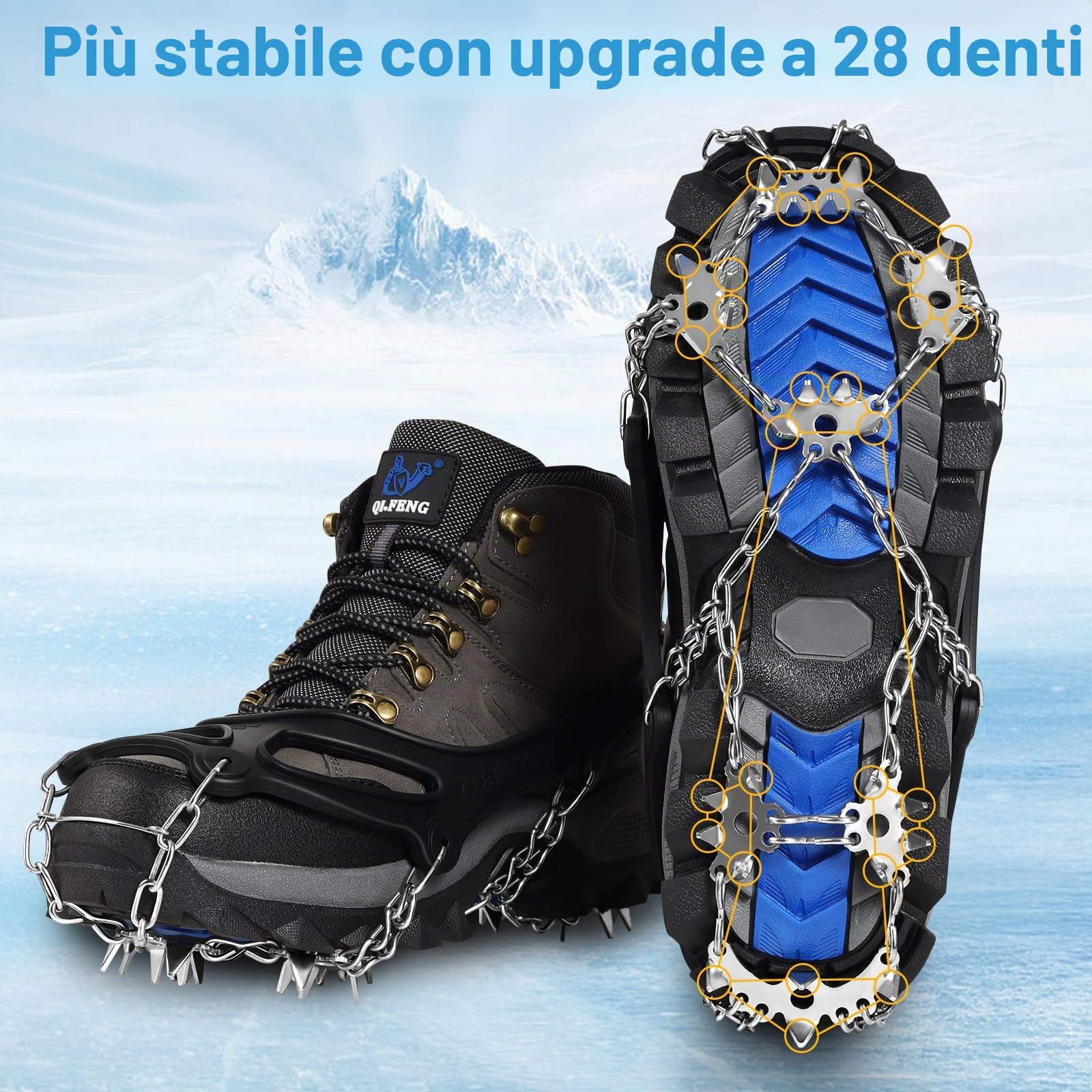Ramponi da Ghiaccio 28 Denti – Ramponcini per Scarponi Inossidabili in Acciaio con Catene, Ideali per Trekking, Alpinismo, Campeggio su Neve e Ghiaccio