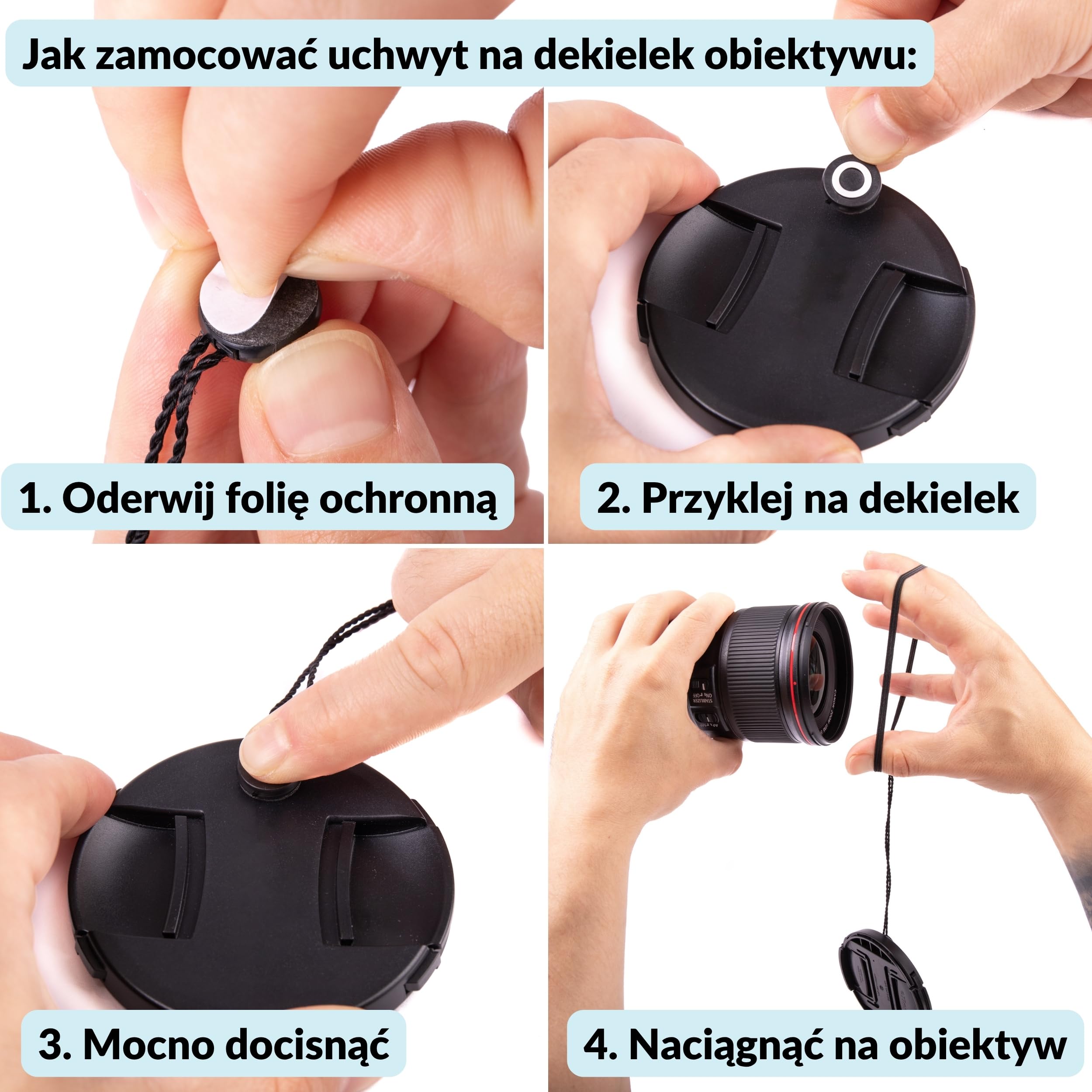 LENS-AID uchwyt dekielka obiektywu ze sznurkiem - zestaw 5 szt. | 5 uchwytów ze sznurkiem 13 cm, krążkiem klejącym i gumką, do dekielków obiektywu i Lens Cap