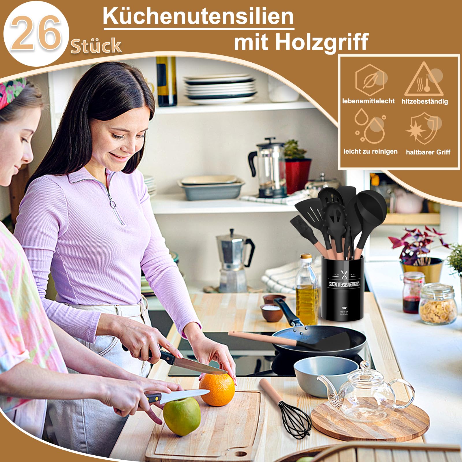 Set 26 Utensili Da Cucina In Silicone Con Manico In Legno E Portautensili - Antiaderente, Resistente Al Calore 210°C - Negri
