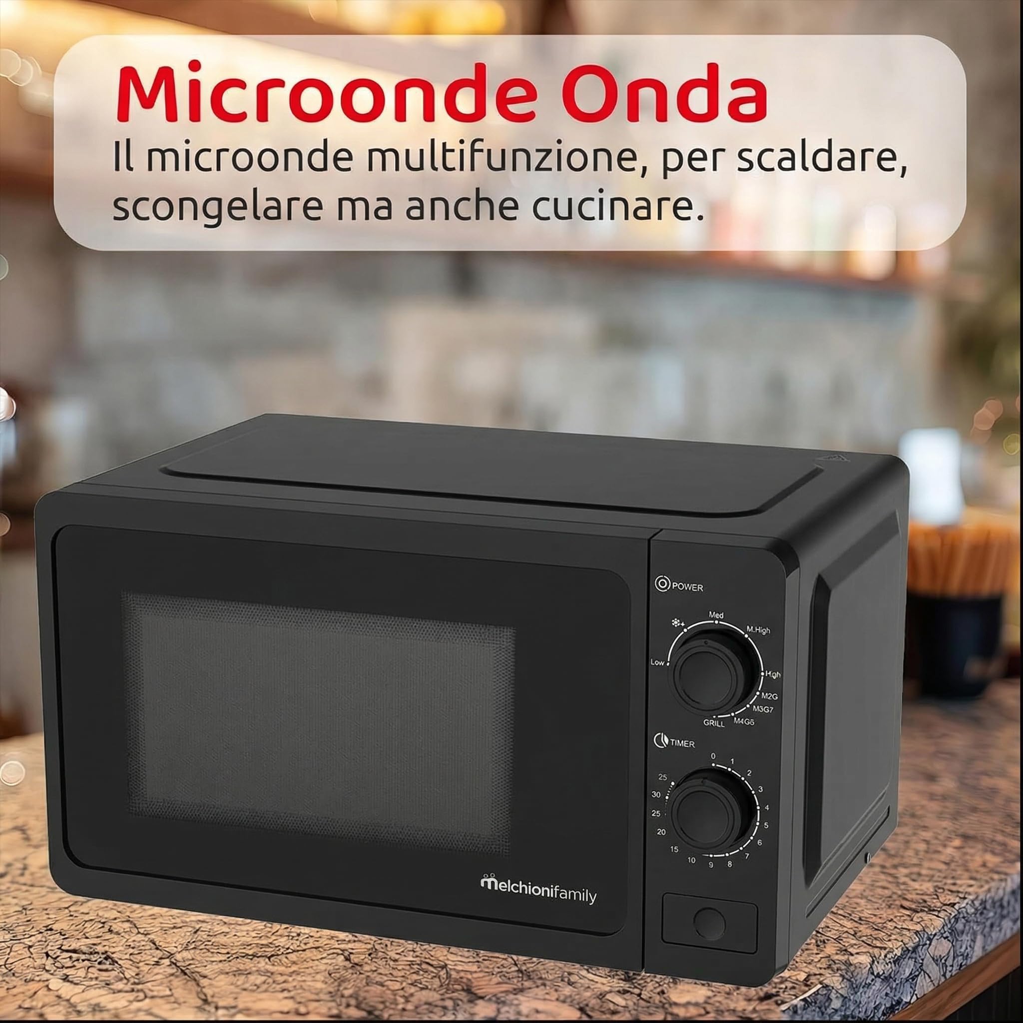 Melchioni Family Mikrofalówka 20 l z grillem - Fala - 800 W - Wymiary 46 x 32 x 26 cm - Timer 1–35 minut, szklany talerz i otwór z przyciskiem - czarna