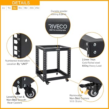 RIVECO 12U Server Rack Open Frame with Casters + RIVECO 19 2U Rack Shelf