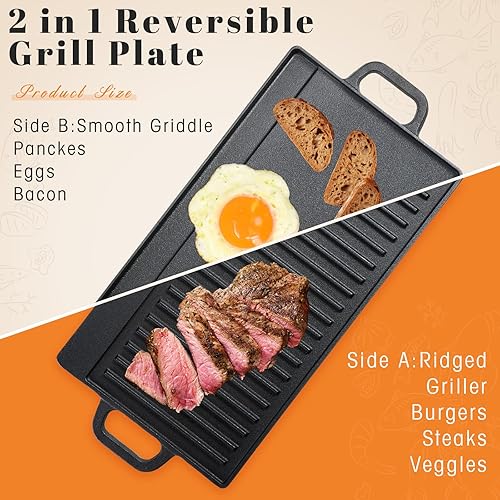 Miniatura 3 de Mifoci Plancha de hierro fundido de 19.7 x 9.1 pulgadas con asas, placa de parrilla reversible 2 en 1 con guantes de protección térmica de silicona,