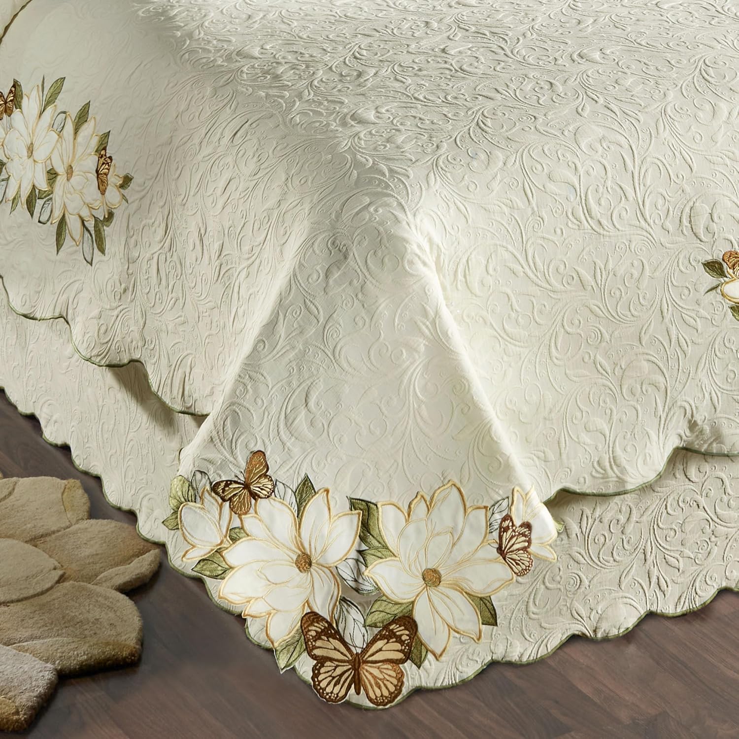 Sweetbay Garden Luxury Matelasse Bedding | Magnolia Flower, Butterfly, & Leaf Velvet Appliques | 4-Pc Ivory Textured Scroll Lightweight Bed Set: Oversized Full Coverlet, Bedskirt, & 2 Standard Shams