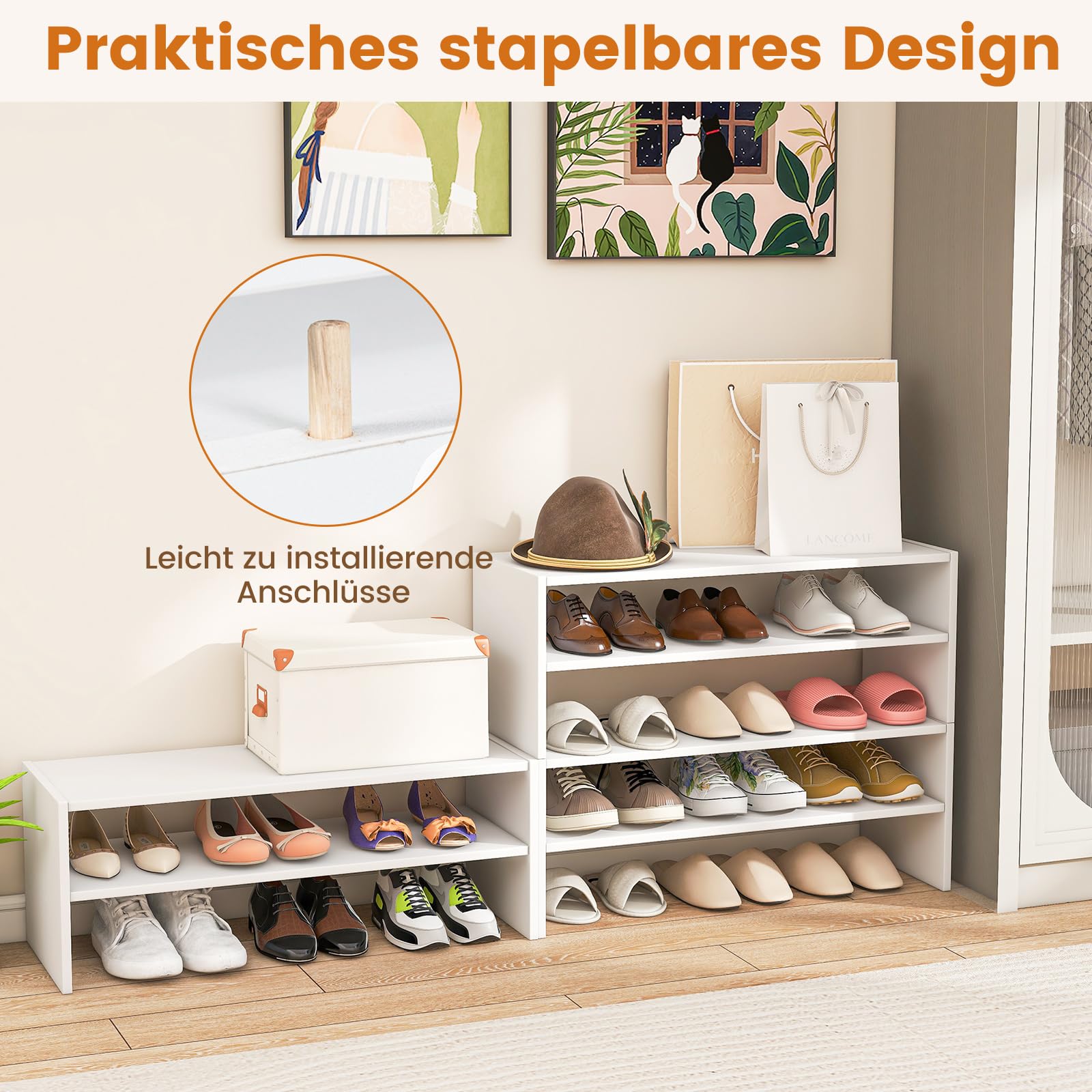 COSTWAY 5-stufiger stapelbares Schuhregal, Schuhschrank offen, 78 x 30 x 90 cm, Schuhablage aus Holz, für Eingangsbereich, Flur, frei kombinierbar, Weiß