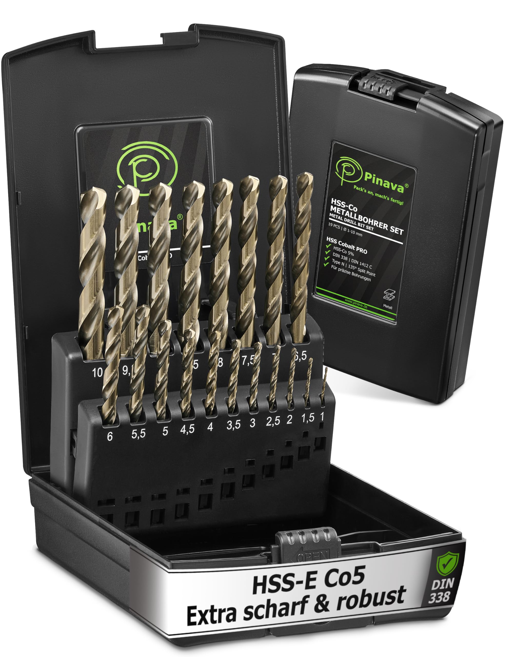 Pinava® Metallbohrer Set HSS Cobalt Pro [Extra Scharf & Robust] 19tlg. Profi Bohrer für Edelstahl, Stahl, Eisen etc. - Präzise Edelstahlbohrer selbstzentrierend, 1-10mm, 0.5mm Schritte