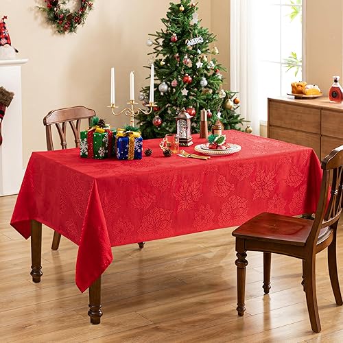 Miniatura 6 de joycloth Mantel de Navidad rectangular de 60 x 84 pulgadas, diseño de hojas jacquard, mantel de tela de poliéster lavable a prueba de derrames, para