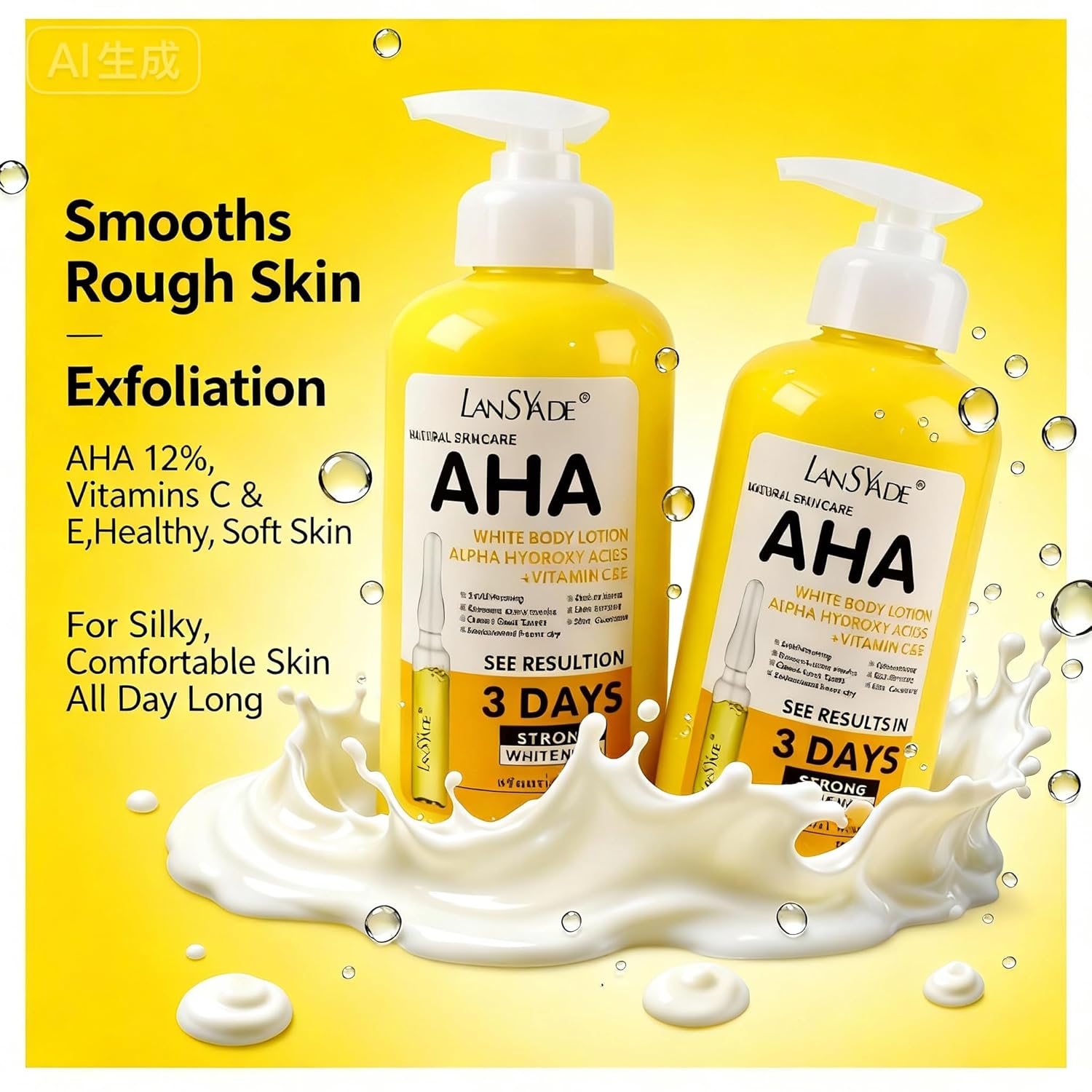 Lansyade Vitamin C Body Lotion with 12% AHA Glycolic Acid & Vitamin E | Exfoliating, Hydrating & Smoothing Body Cream - Image 3