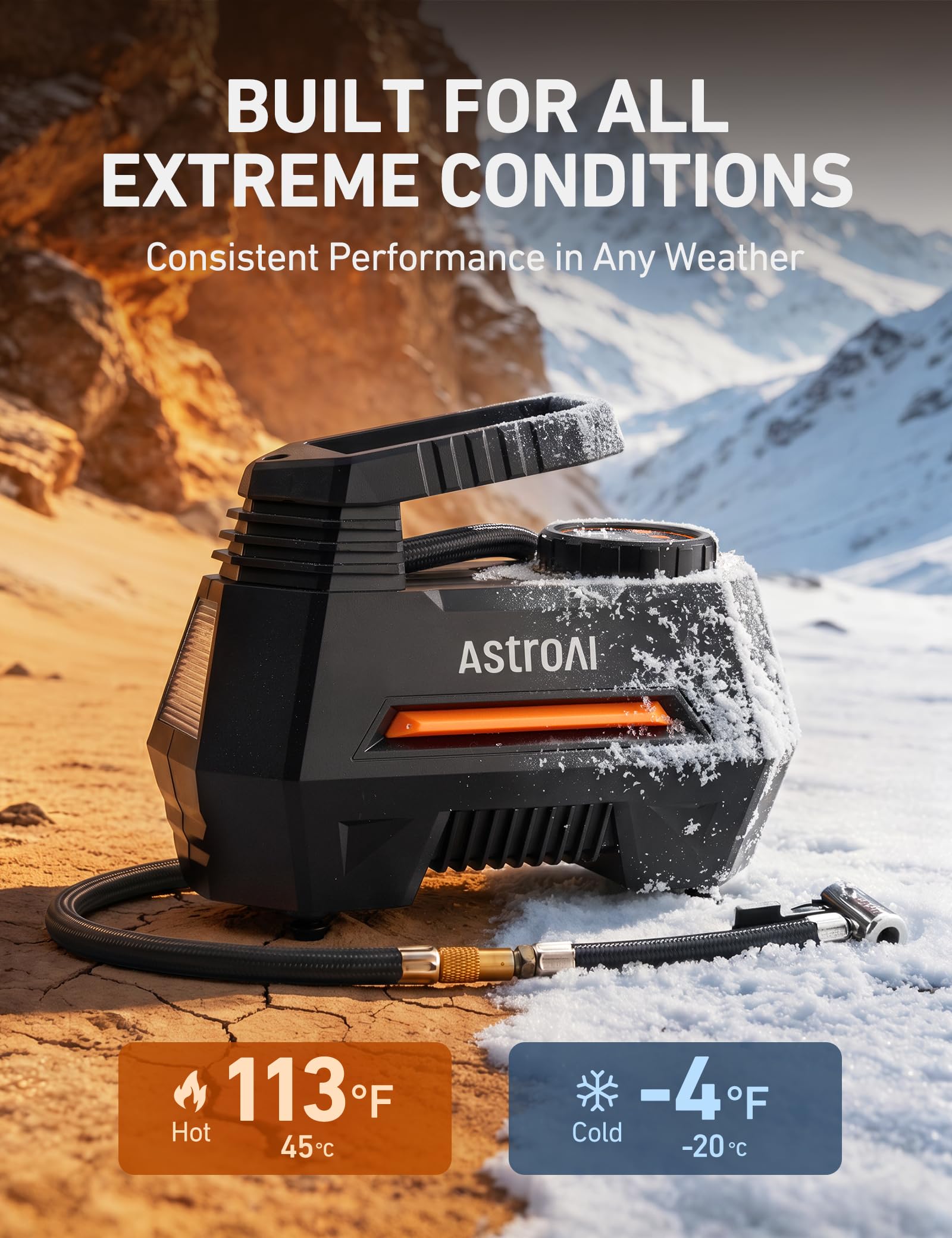 AstroAI AIRUN H Tire Inflator Portable Air Compressor, 12V DC Tire Inflator, Auto Shut-Off with Digital Pressure Gauge & LED Light, Fast Inflation for Car, Motorcycle, Bike Tires, 9.8Ft Cord, Orange view 6