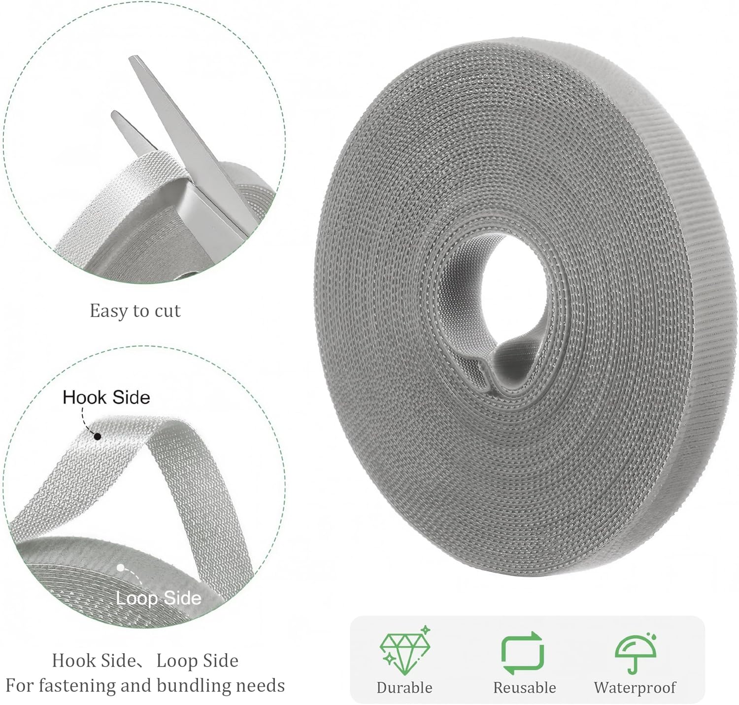 Cable Organizer Wrap Roll 3m Long Reusable Wire Management Tie Gray for Home Office and Electronics Setup