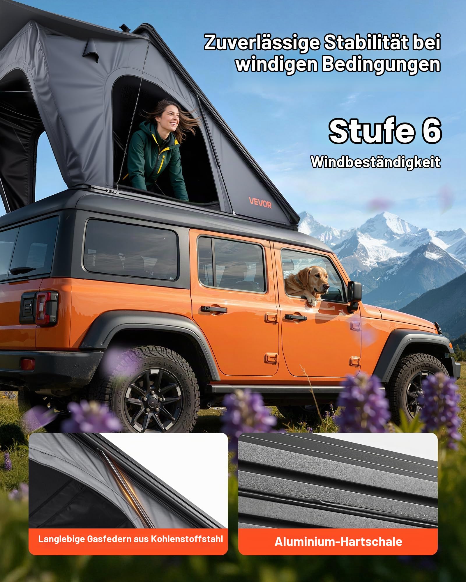 VEVOR Autodachzelt Hartschalen für 2-3 Personen, Campingzelt aus Aluminium mit Dreifarbiger LED-Beleuchtung & 1 Fenster, Wasserfest & Windicht, für Jeep SUV Pickup, 256 x 222 x 152 cm (Aufgeklappt)