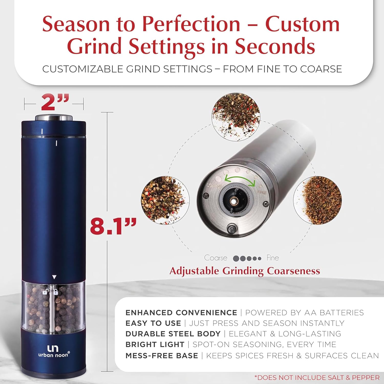 Electric Salt and Pepper Grinder Set - Battery Operated Stainless Steel Mill with Light (2 Mills) - Automatic One Handed Operation - Electronic Adjustable Shakers - Ceramic Grinders Blue
