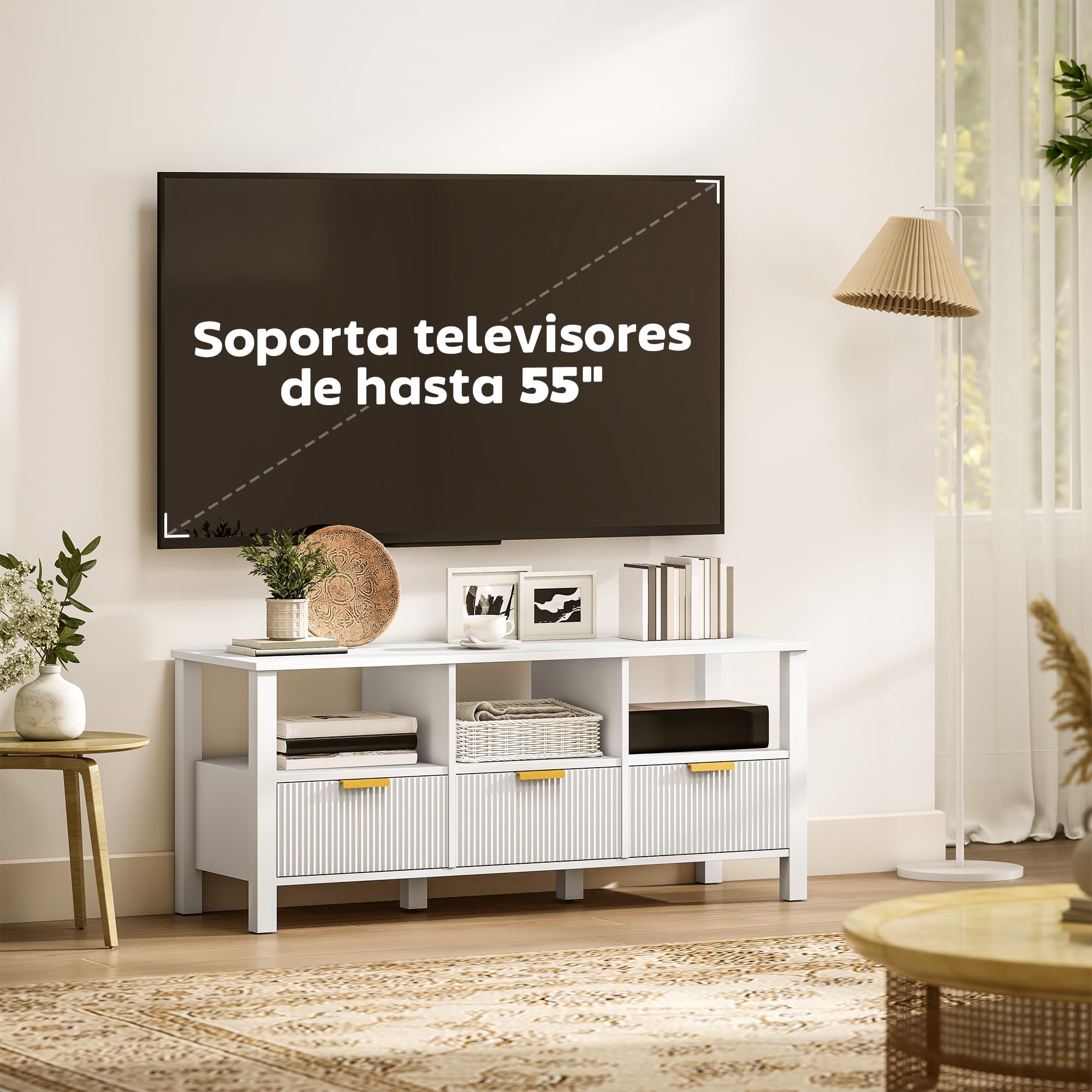 HOMCOM Mueble de TV Moderno para Salón, Mesa TV con 3 Cajones y 3 Estantes Abiertos, para Televisión de 43-55 Pulgadas, 120x39,5x50 cm, Blanco