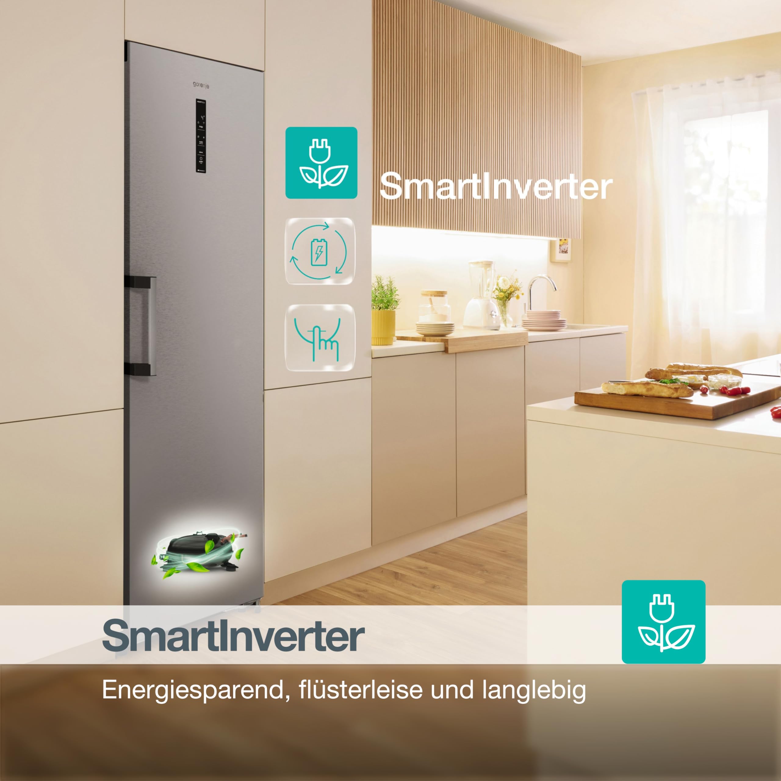 Gorenje FNC618D6XWF Gefrierschrank Freistehend 312 Liter SmartFit 185cm Höhe AdaptTech Convert -24℃ bis +8℃ ConnectLife Wifi Easy-open Griff Inverter Edelstahl