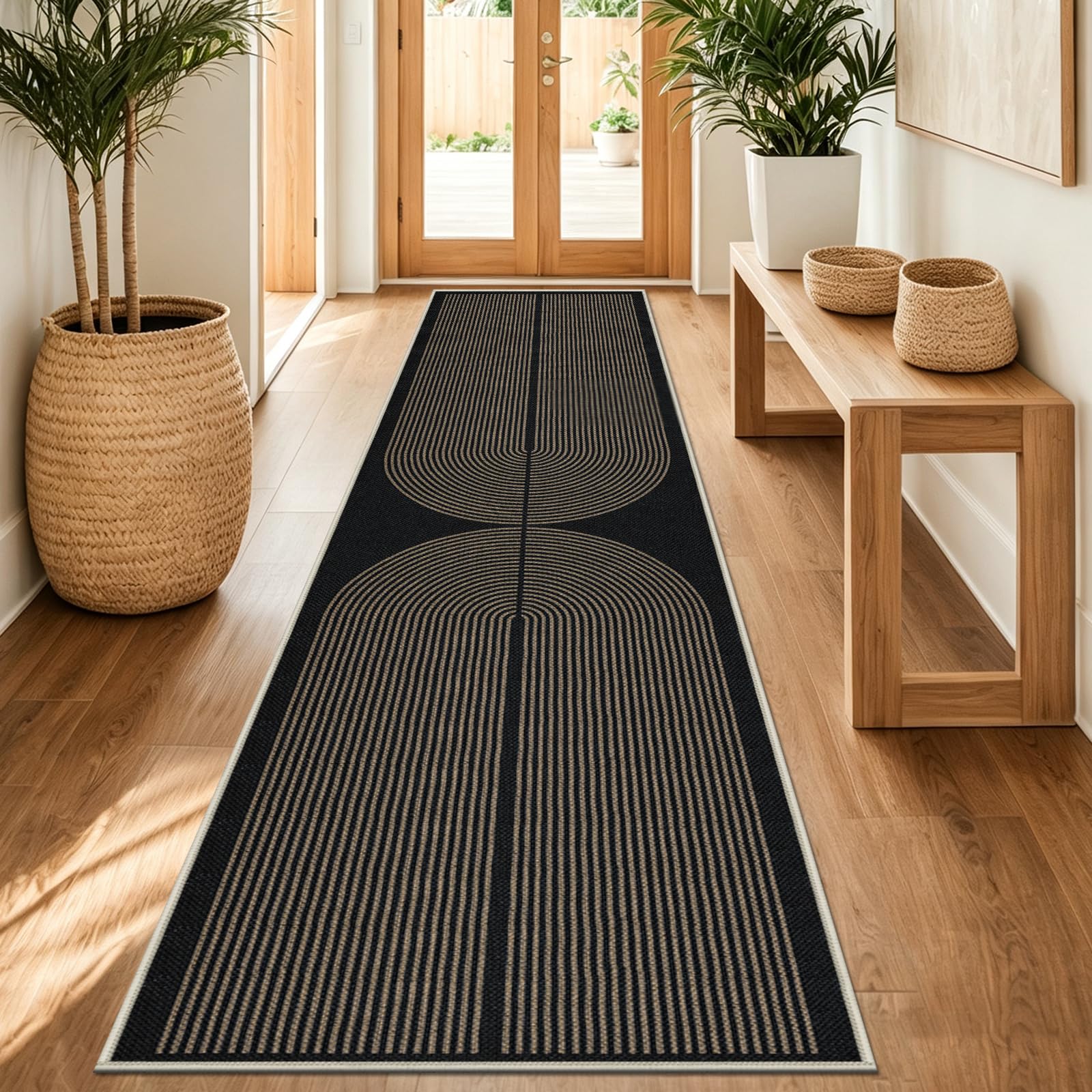 Capslpad Runner Rug for Entryway 60x300cm Non-Slip Hallway Carpet Runner Washable Jute Look Rug Kitchen Runner Durable Floor Area Rug Runners for Living Room Bedroom Balcony Corridor, Brown Black