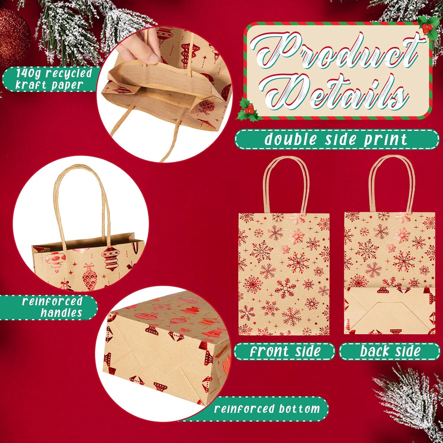 Silkfly 50 Pack Small Christmas Gift Bags Bulk with 50 Tissue Paper, Kraft Paper Metallic Candy Goodie Bags Winter Snowflake Party Favors Bag for Xmas Holiday Birthday Party Supplies(Brown Red)