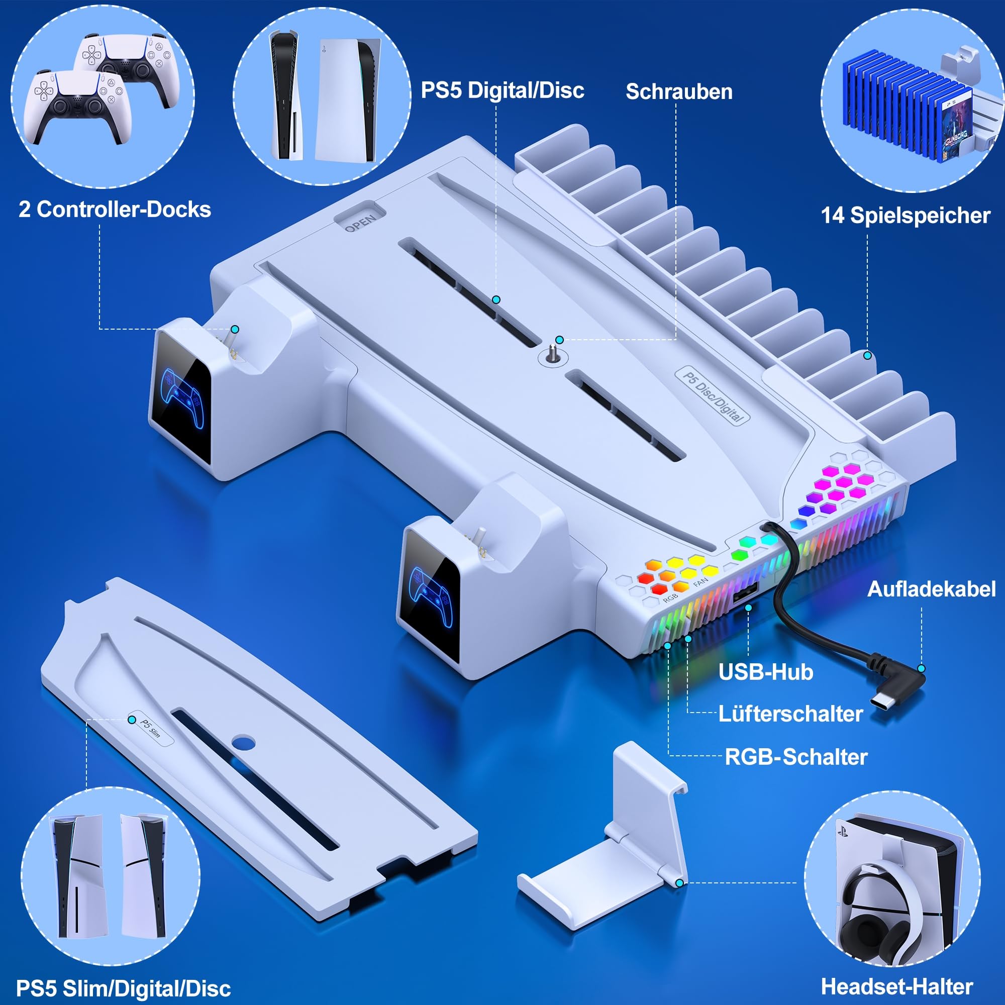 PS5 Ständer für PS5 Slim Konsole Neu, PS5 Standfuß mit 3-Stufig Kühler Lüfter Schnelle Abkühlung/PS5 Controller Ladestation/14 Spiele Aufbewahrung, PS5 Ständer für PS5 Slim Disc & Digital Konsole