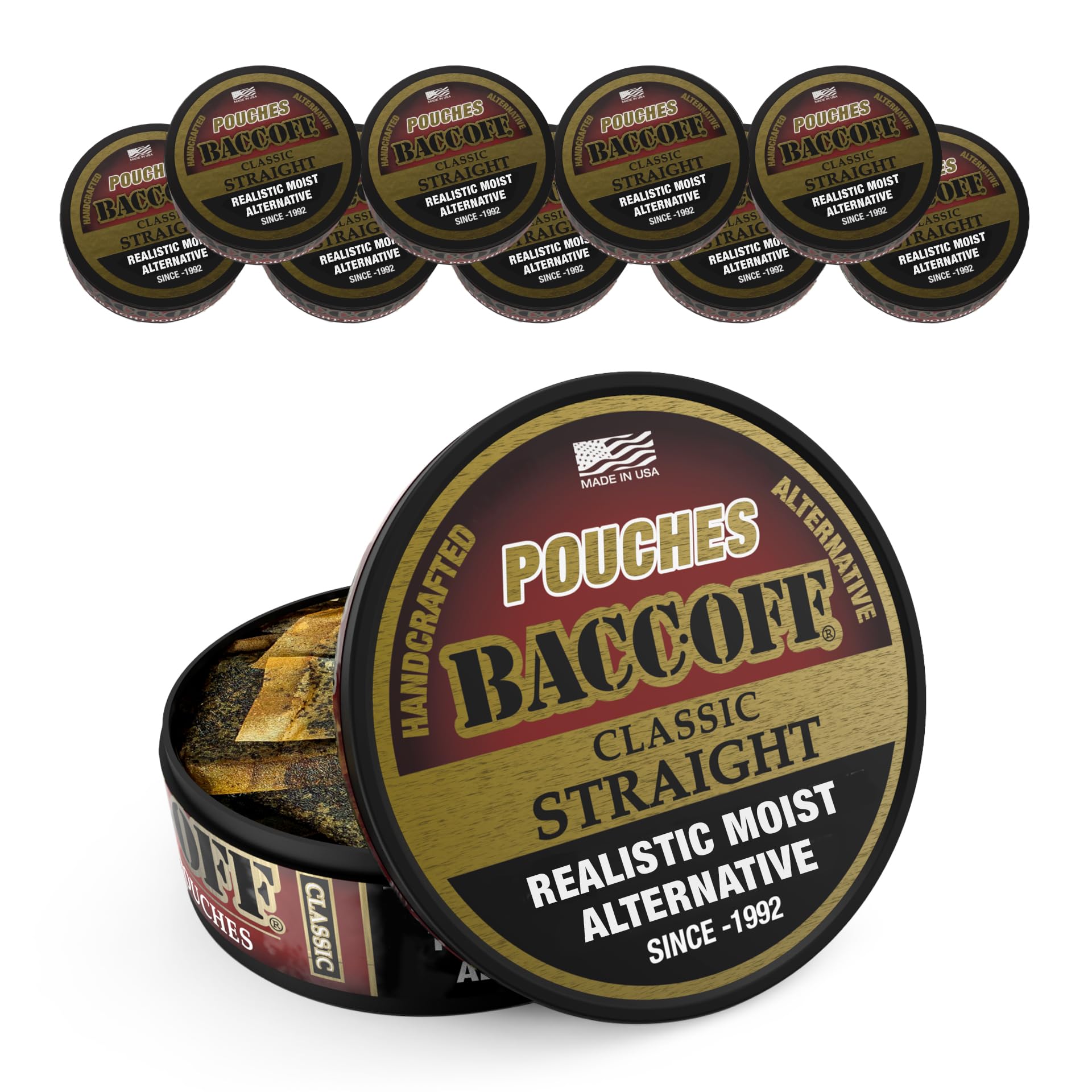 BaccOff, Original Straight Pouches, Premium Tobacco Free, Nicotine Free Snuff Alternative (10 Cans)