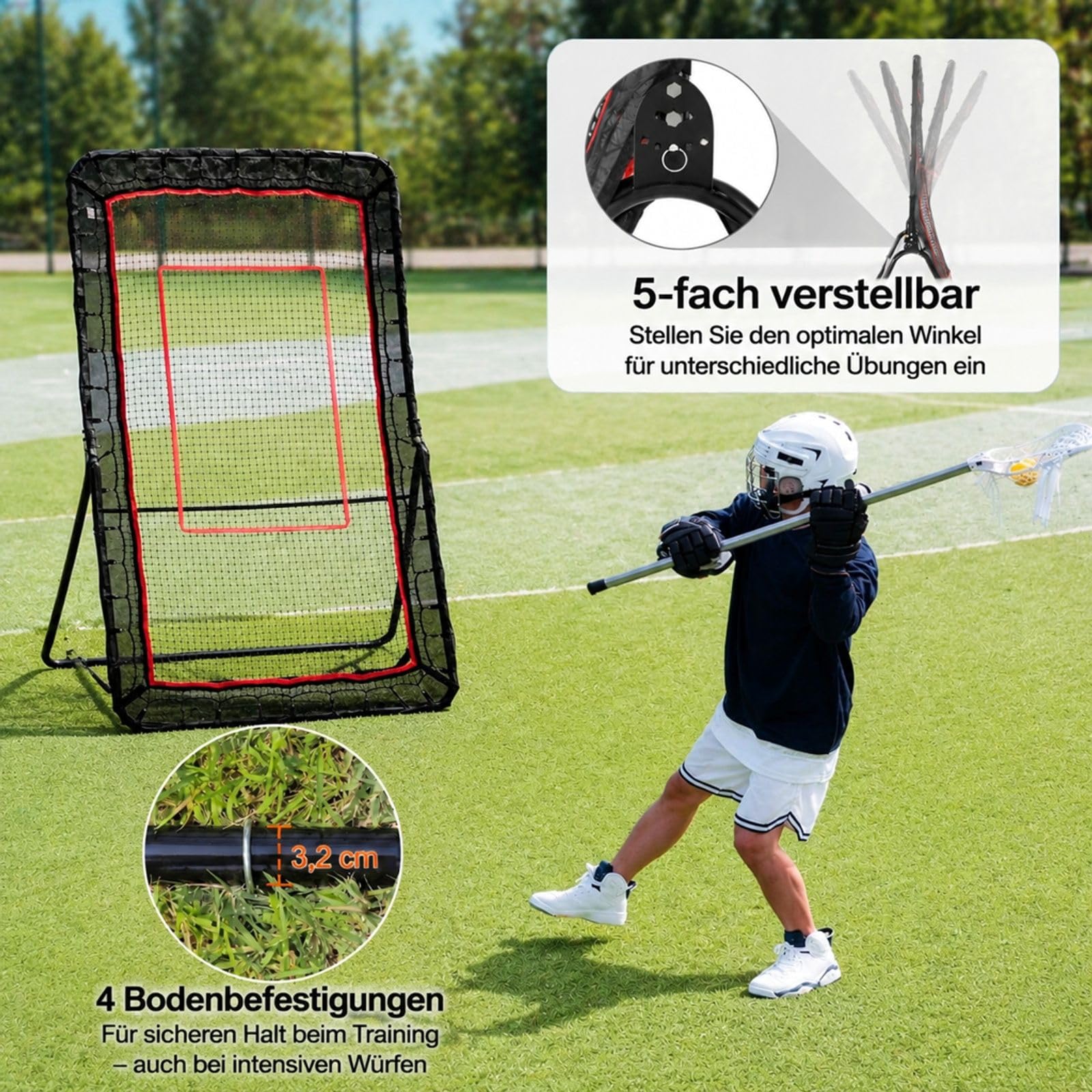 Multisport Rückprallnetz mit verstellbarem Winkel und Stahlrahmen für Fußball Lacrosse Volleyball Baseball Training drinnen draußen