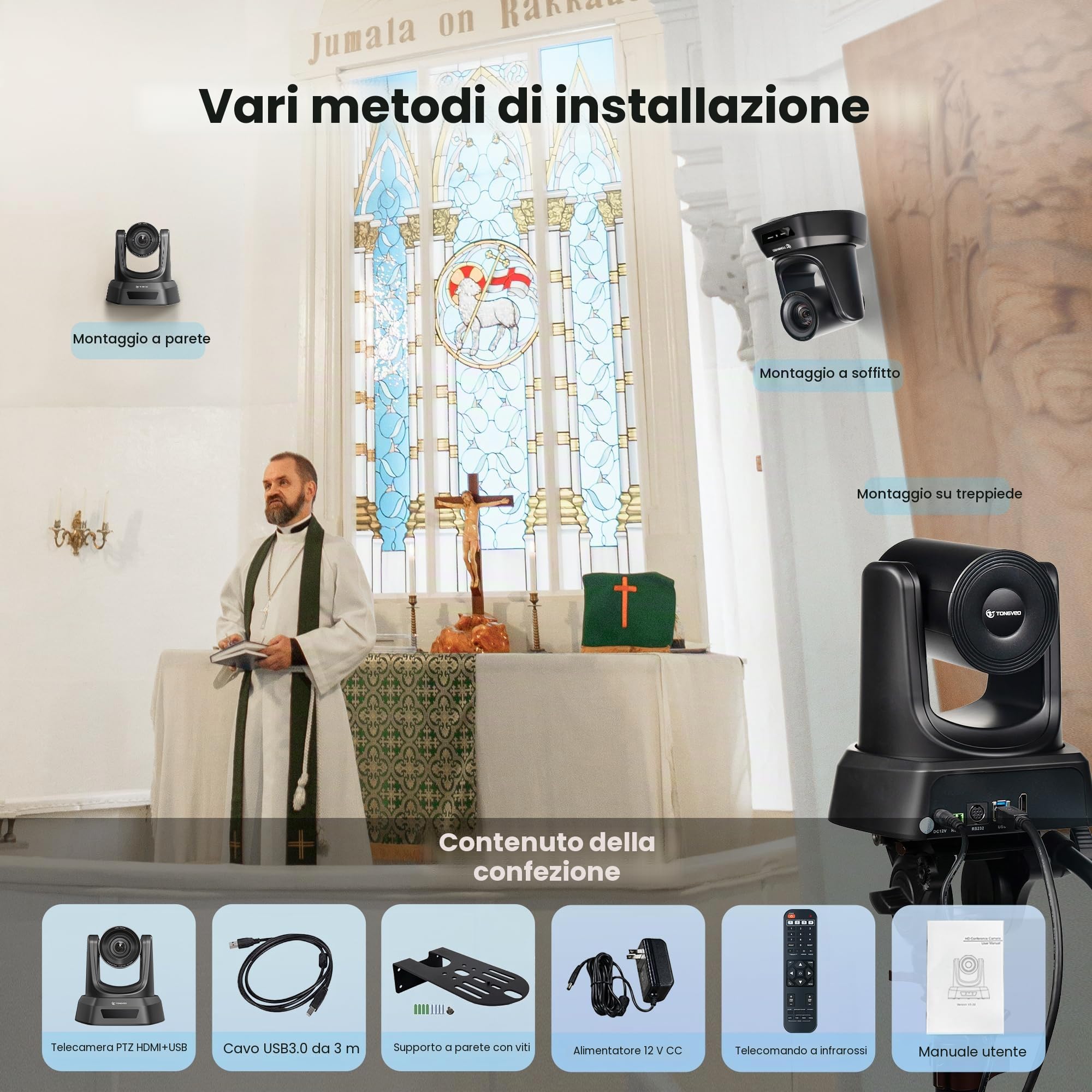 TONGVEO Telecamera PTZ per Sala Conferenze con Zoom Ottico 20X, Webcam 1080P 60fps HDMI USB per Streaming Chiesa e Videoconferenze | Compatibile con Zoom e OBS