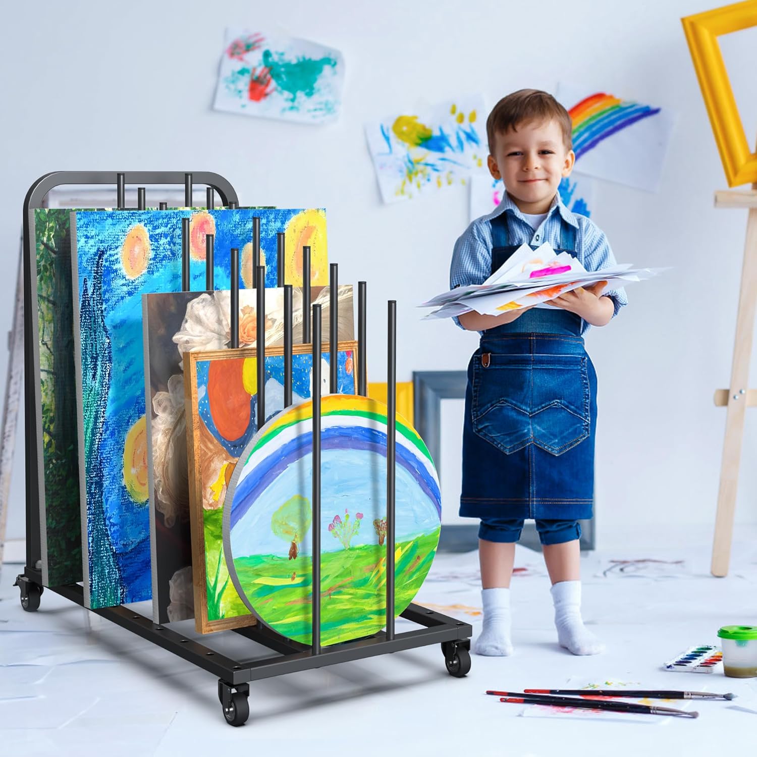 Mobile Art Canvas Storage Rack on Wheels, Adjustable Metal Framed Artwork Drying Holder, Large Vertical Picture Frame Display Stand for Painting Boards, Framed Picture, Shipping Box (Black)