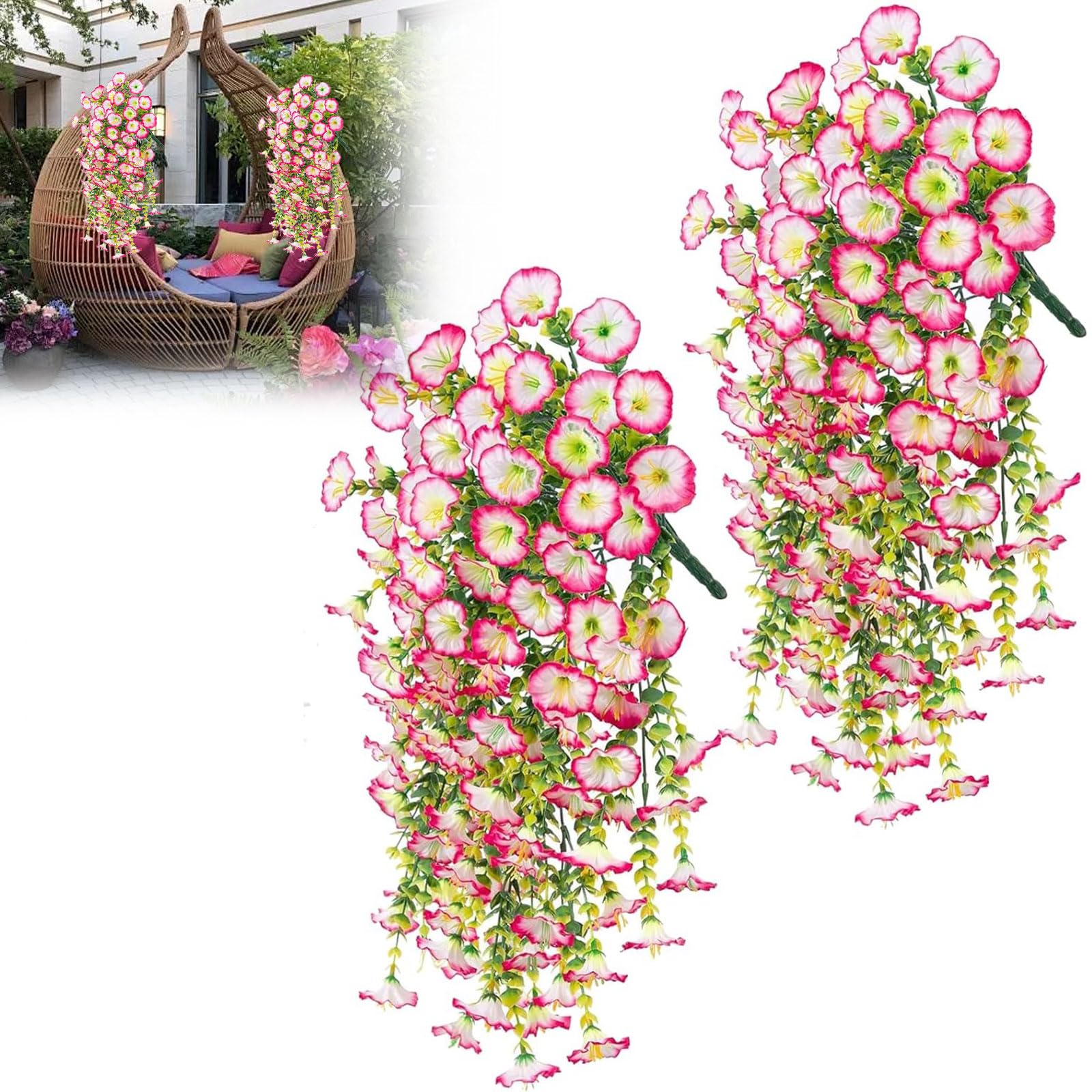 Toyzly Pink 2Pcs Hanging Baskets Artificial Flowers, Fake Morning Glory Artificial Hanging Flowers For Outdoor, Faux Silk Mums & Violets, Hanging Plants For Garden Balcony Porch Spring Decor (Pink)