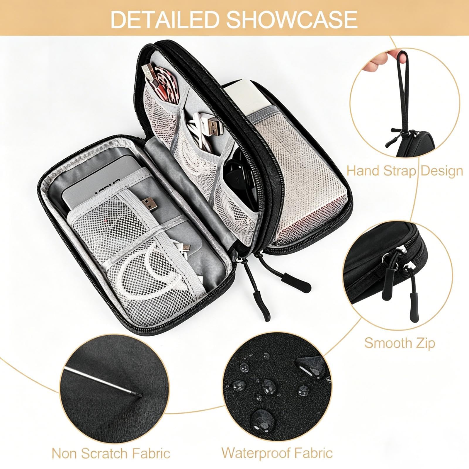 Sac de Rangement Câble Portable, Pochette pour Disque Durs Chargeur Câbles Carte SD Noir