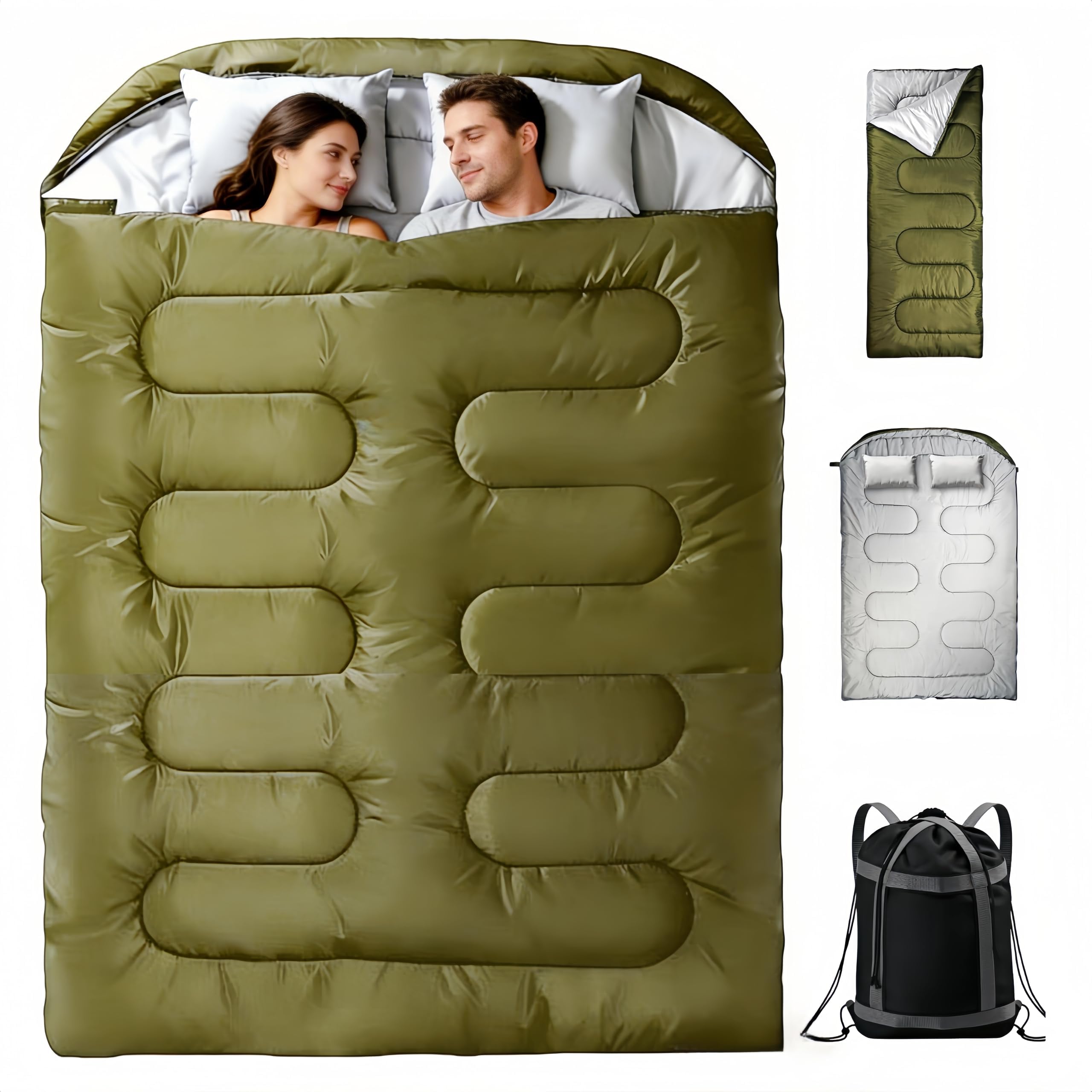 Gigoteuse double 2P 220 x 150 cm, sac de couchage 3 en 1 divisible en 2 sacs individuels, sac de couchage de camping imperméable avec oreiller, lavable, léger, sac de couchage extérieur, randonnée