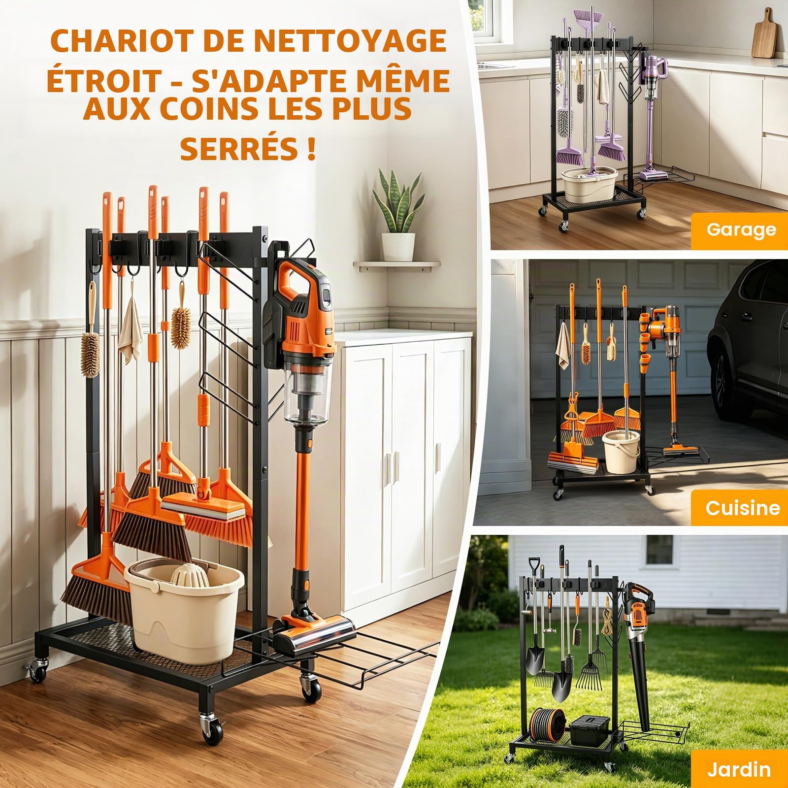 Chariot de Nettoyage, Porte Balai, avec 4 roulettes, 3 Crochets et 6 Emplacements, pour Outils de Jardin, avec Roue et Crochet, Support pour Outils Jardin, Étagère Rangement Nettoyage Mobile